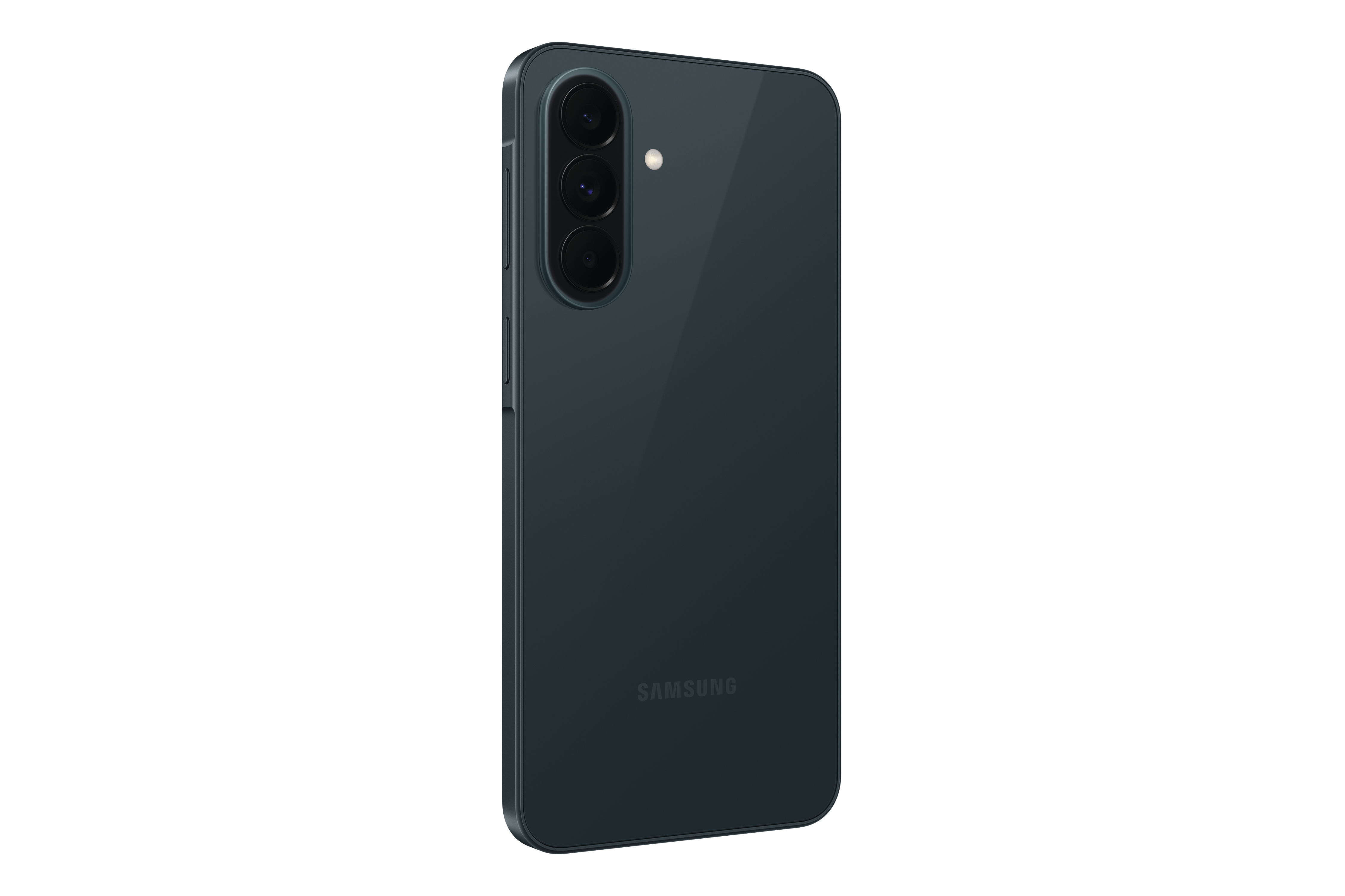 Dunkelblaues Samsung Smartphone mit drei Kameras auf der Rückseite.