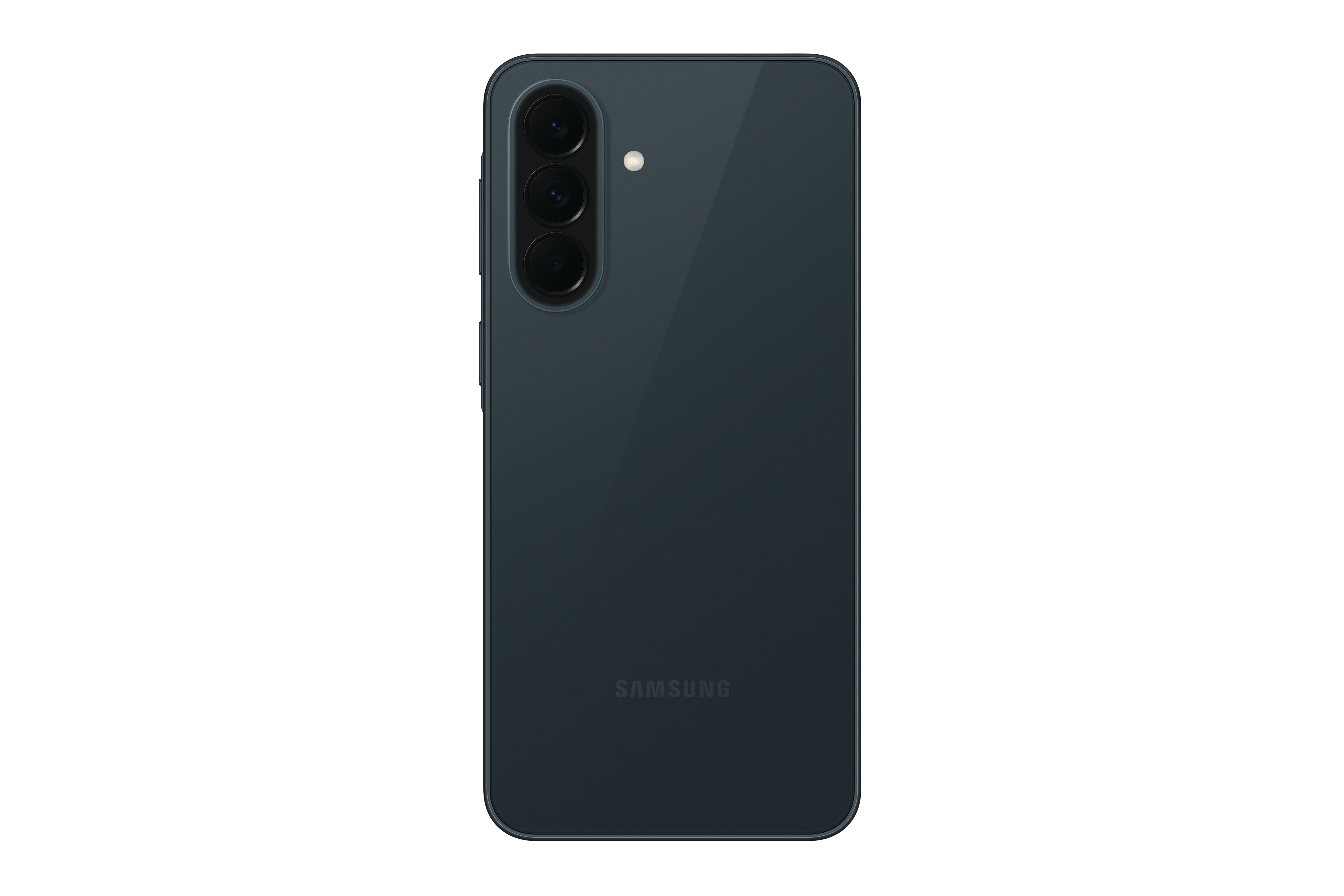 Dunkelgraues Smartphone mit drei Kameralinsen und Blitz auf der Rückseite.