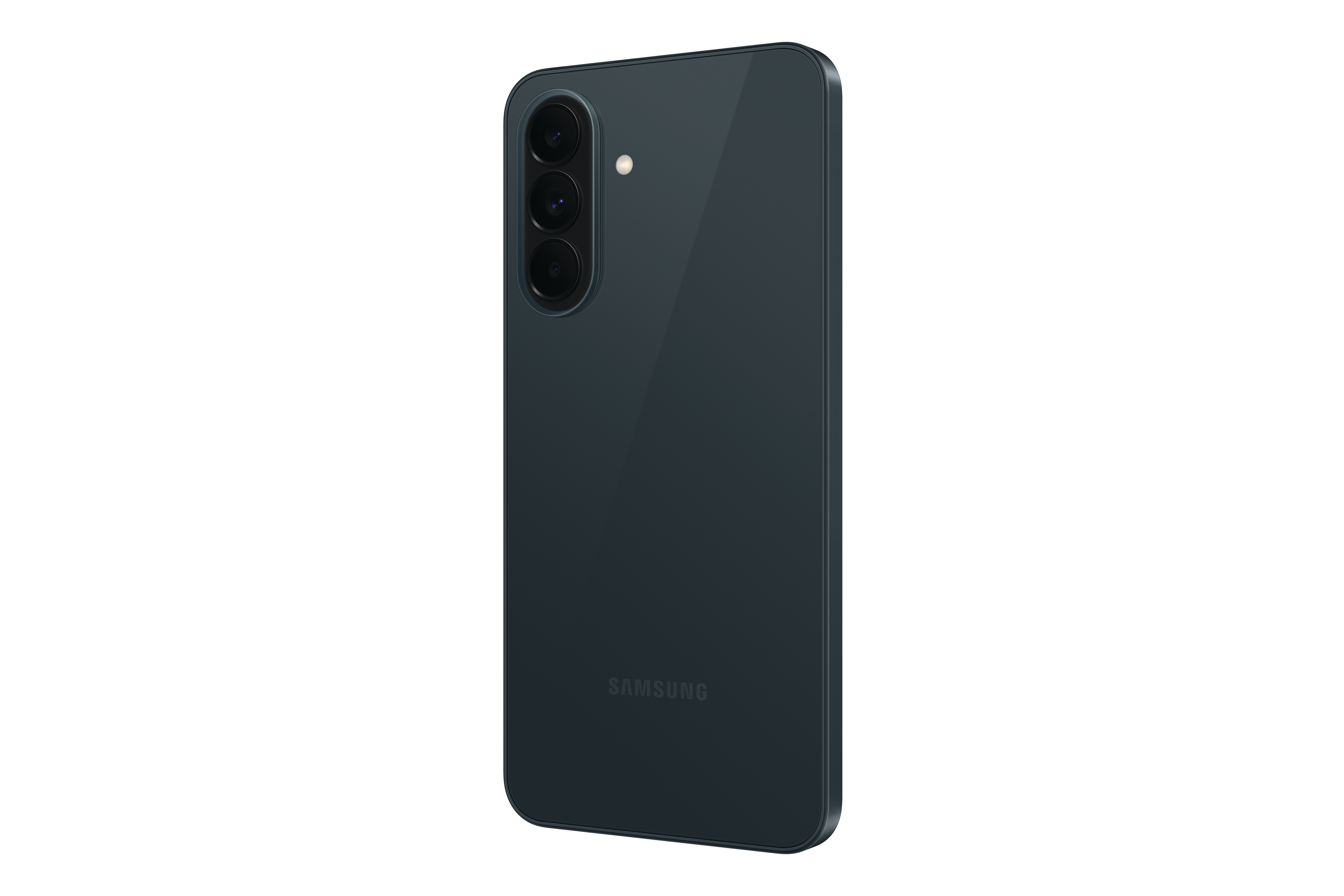 Dunkelgraues Samsung-Smartphone mit drei Kameralinsen und Blitz.