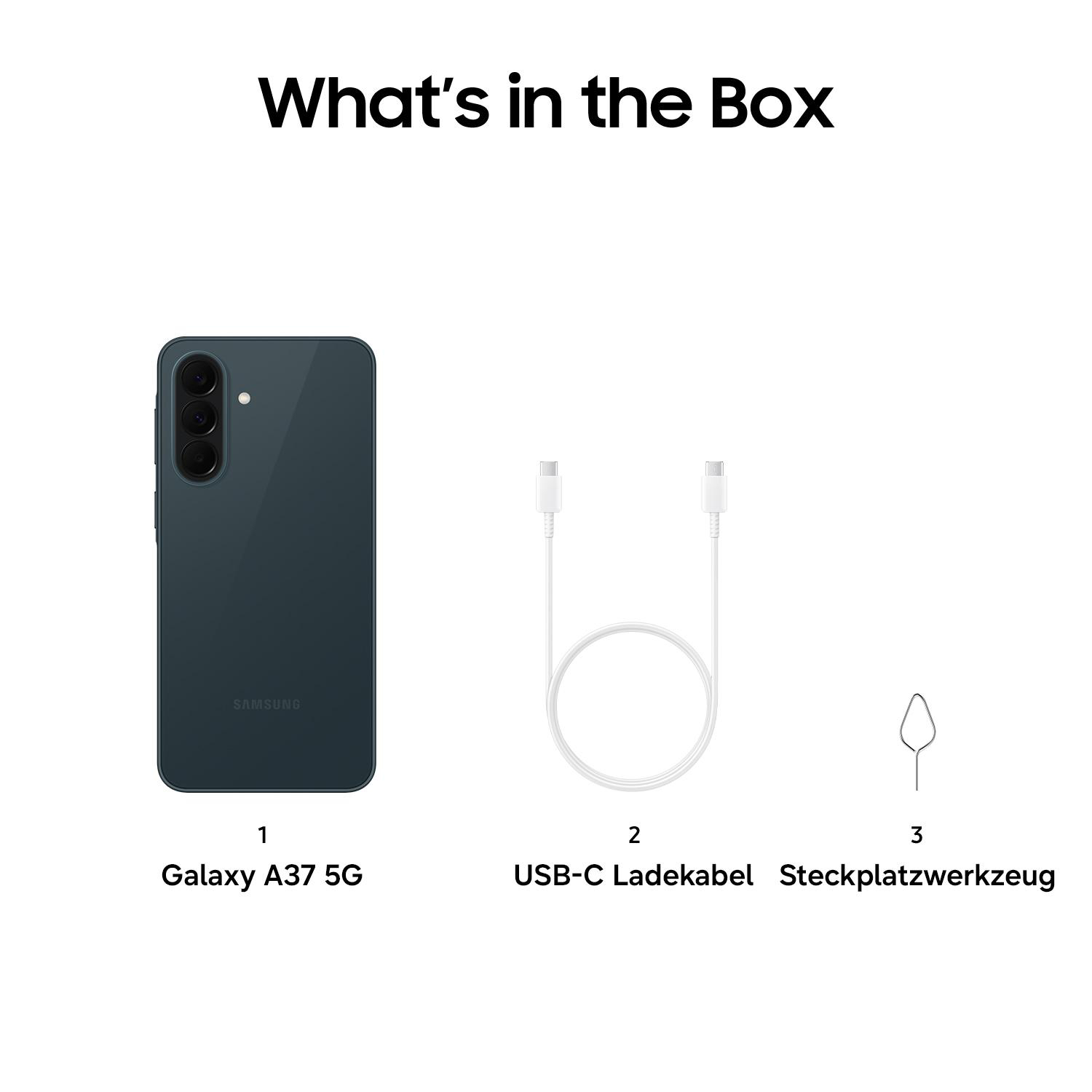 Ein dunkelgrünes Samsung Galaxy A37 5G, Ladekabel und SIM-Werkzeug.