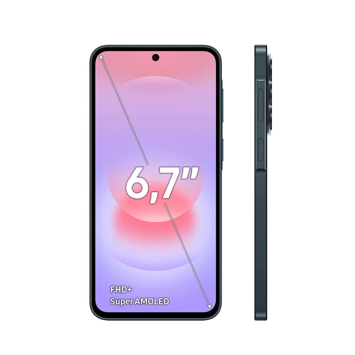 Ein dunkelgraues Smartphone, von vorne und der Seite gezeigt. Bildschirm zeigt 6,7" FHD+ Super AMOLED.