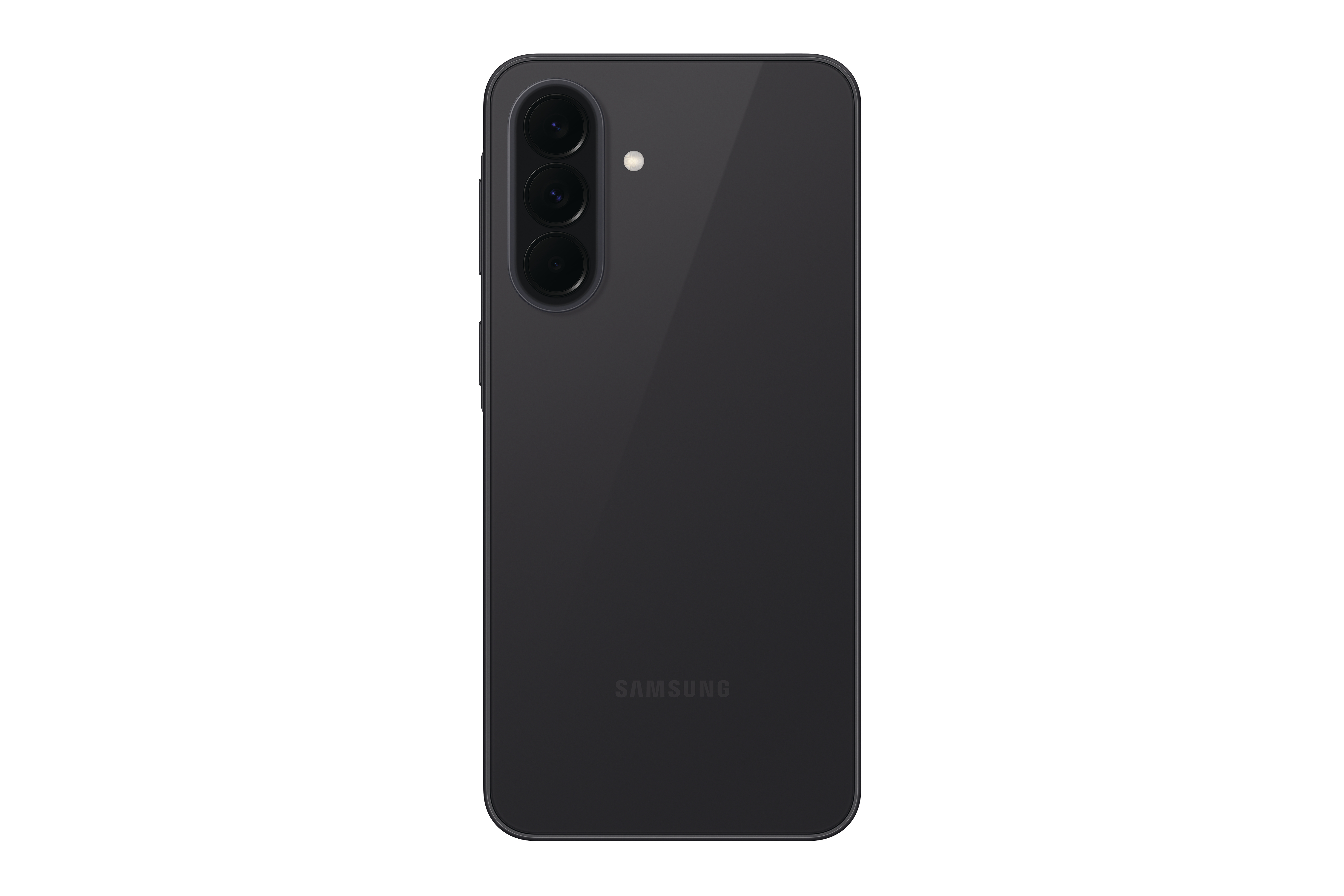 Rückseite eines schwarzen Samsung Smartphones mit drei Kameralinsen und Blitz.