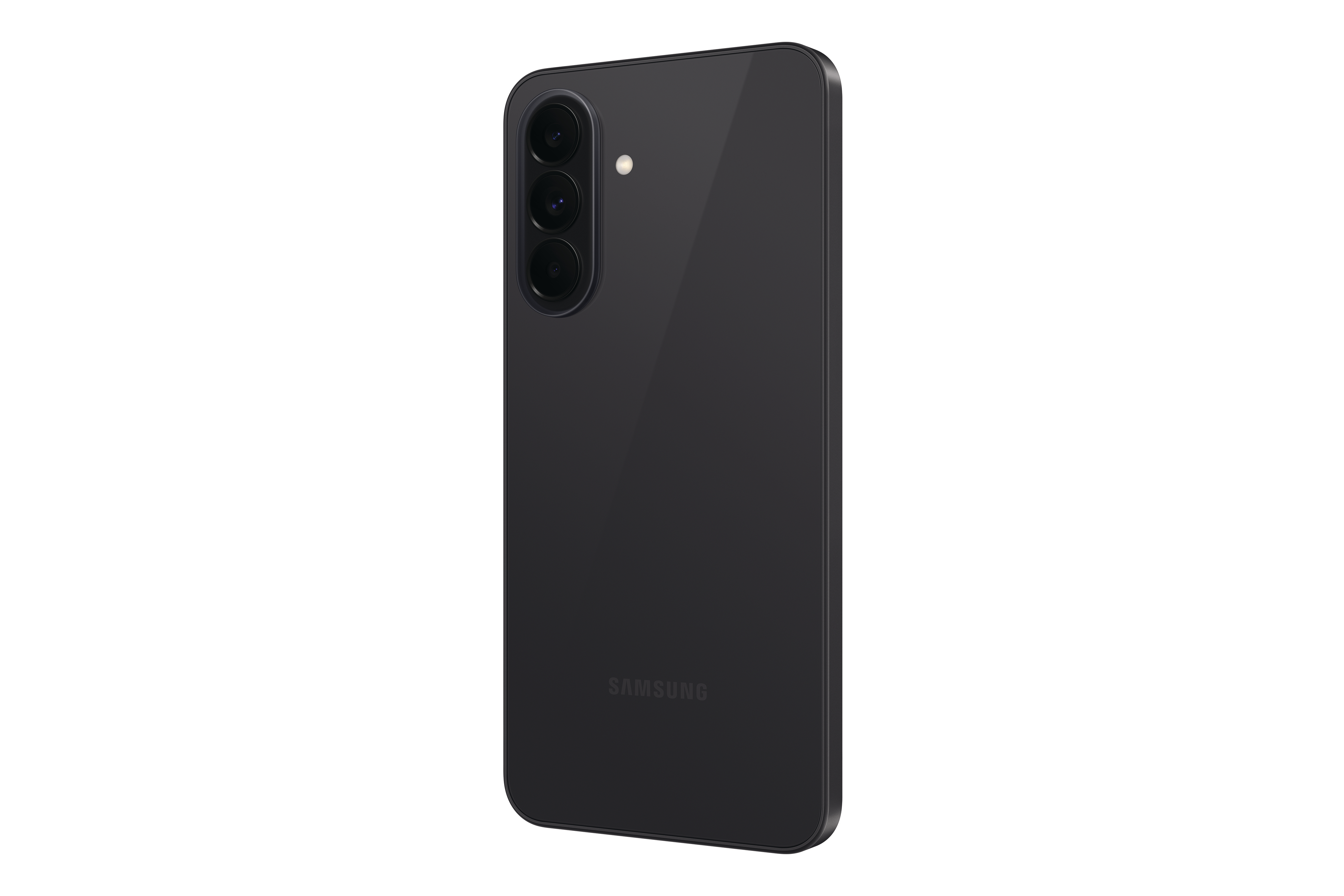 Ein schwarzes Samsung Smartphone mit drei Kameras auf der Rückseite.