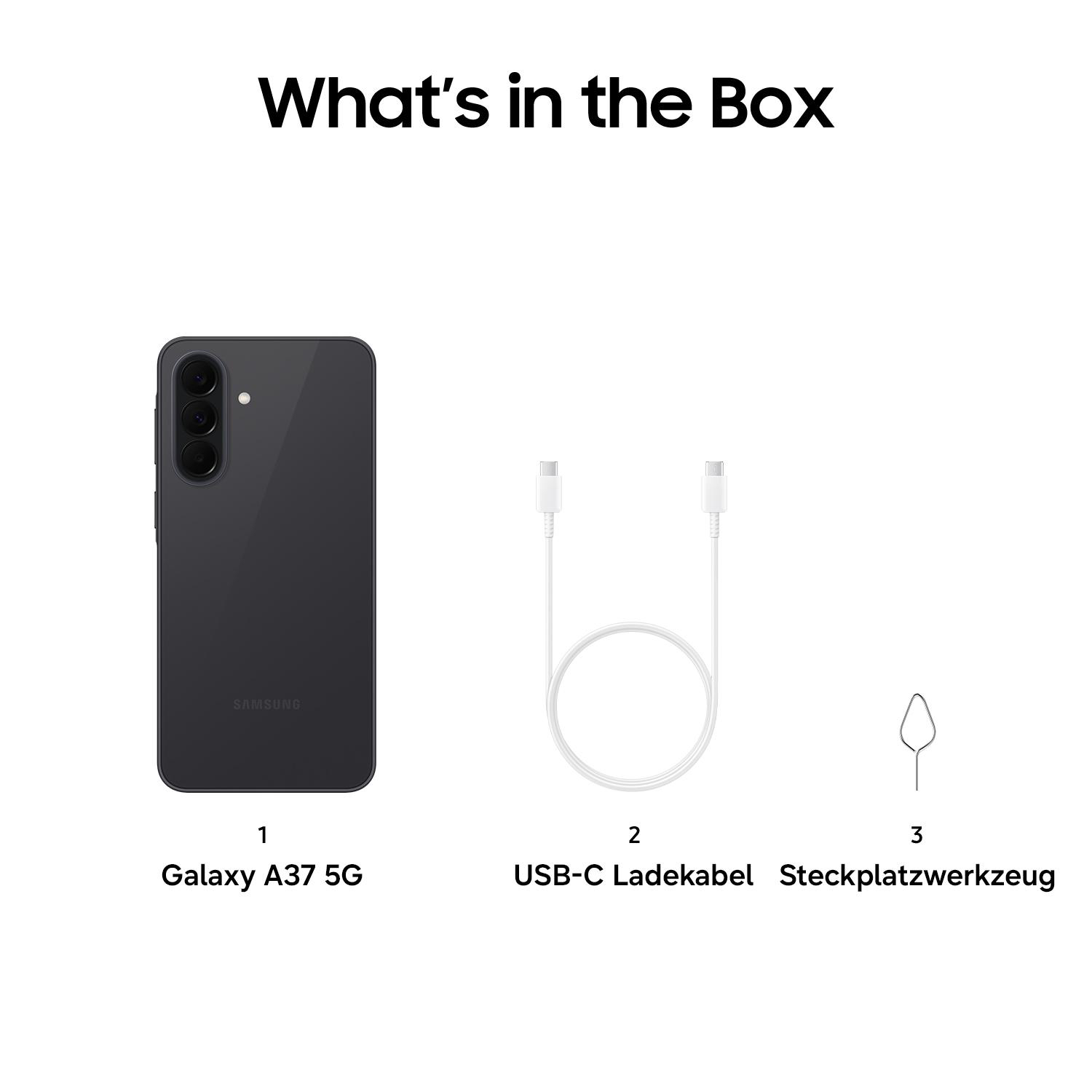 Samsung Galaxy A37 5G, USB-C Ladekabel und ein Steckplatzwerkzeug.