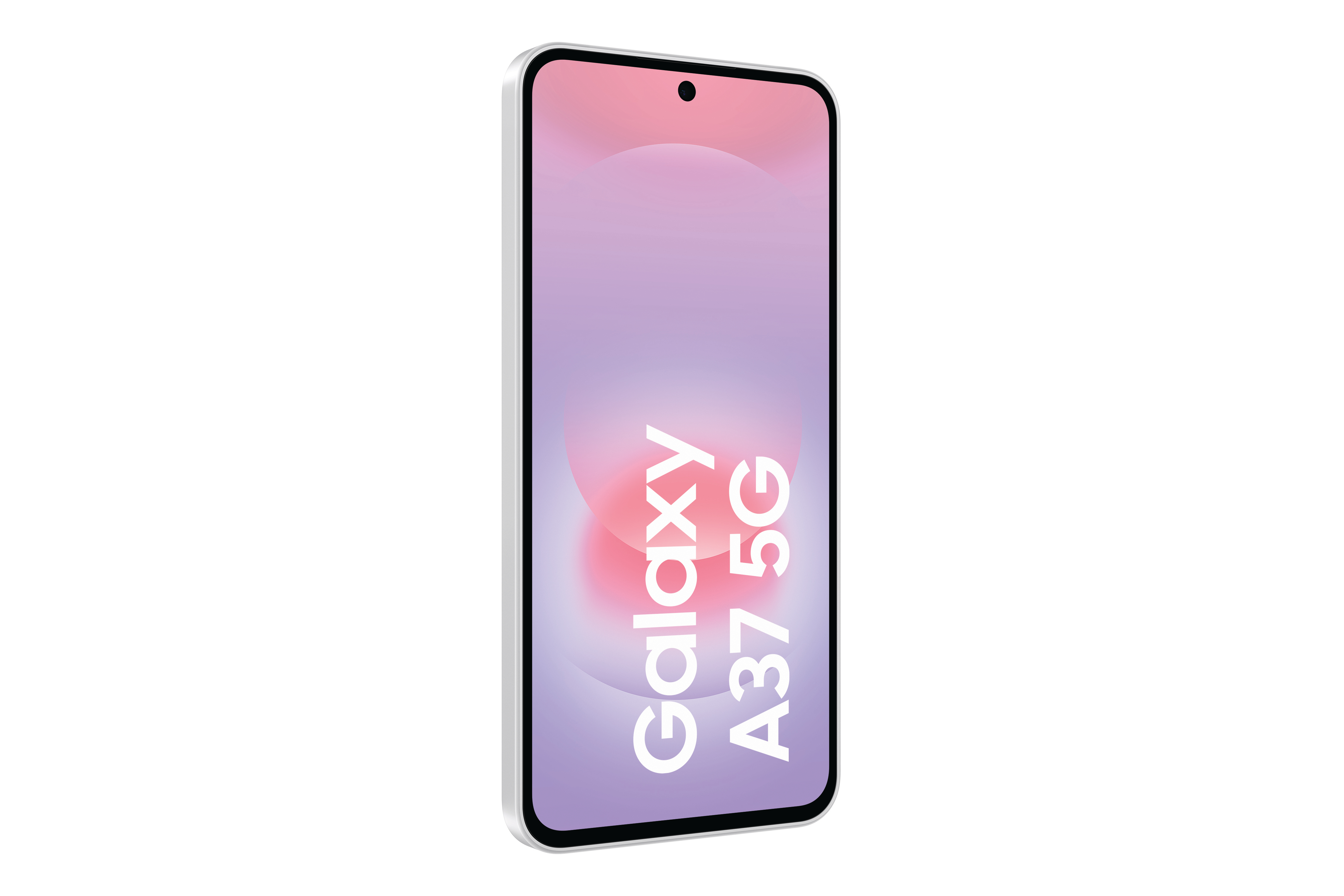 Ein silbernes Smartphone mit dem Text Galaxy A37 5G auf dem Bildschirm.