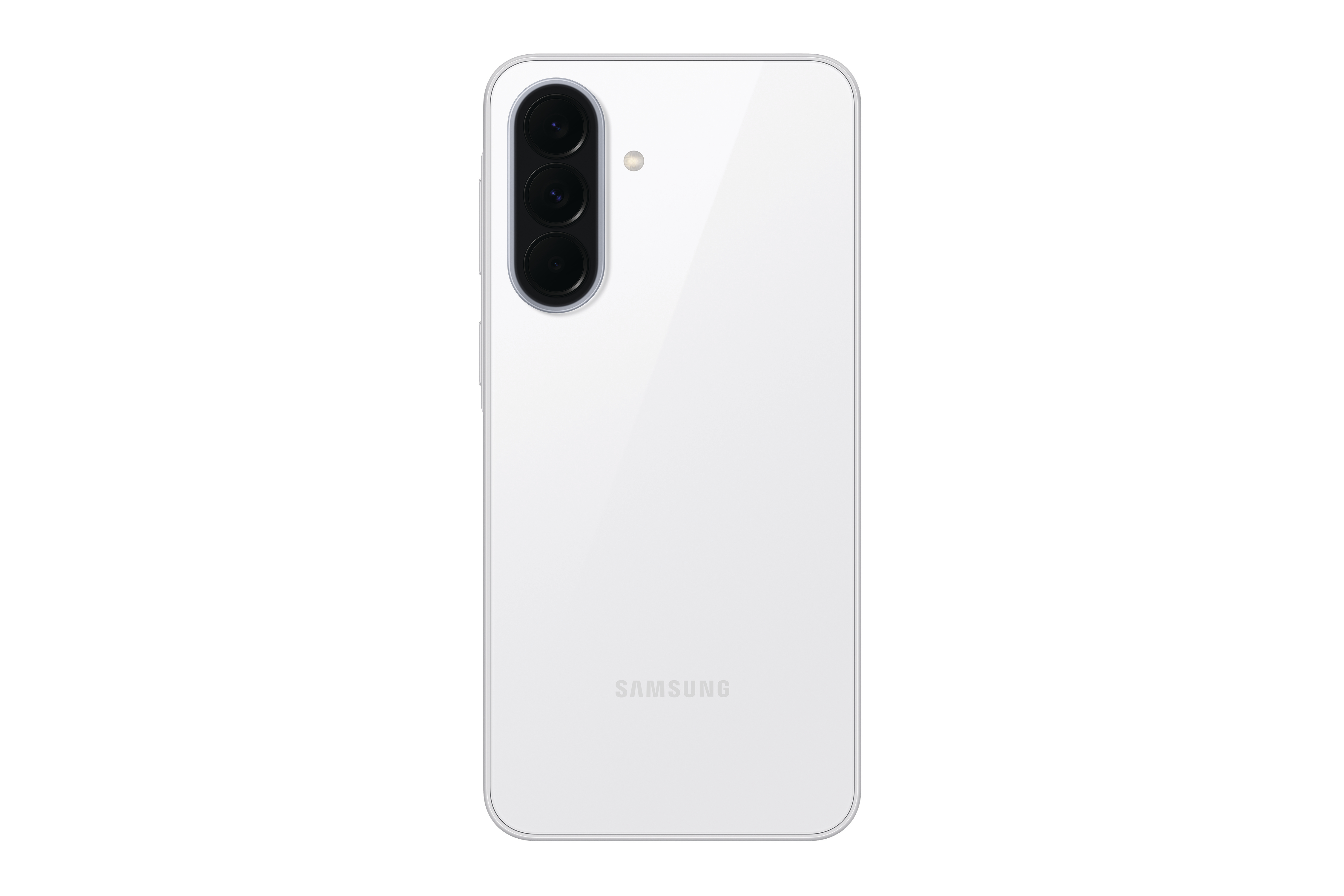 Weiße Rückseite eines Smartphones mit drei Kameras und Samsung-Logo.