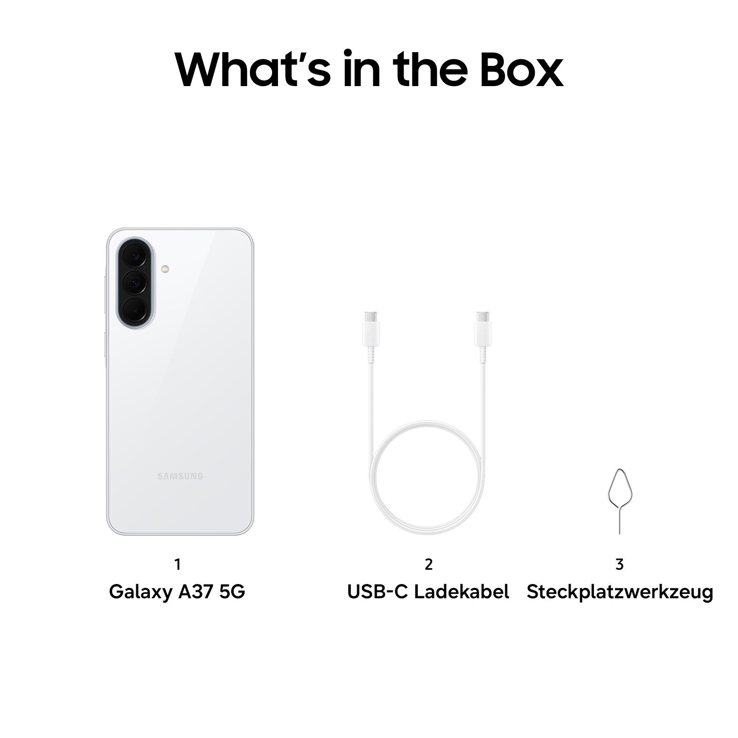Was ist in der Box: Galaxy A37 5G, USB-C Ladekabel, Steckplatzwerkzeug.