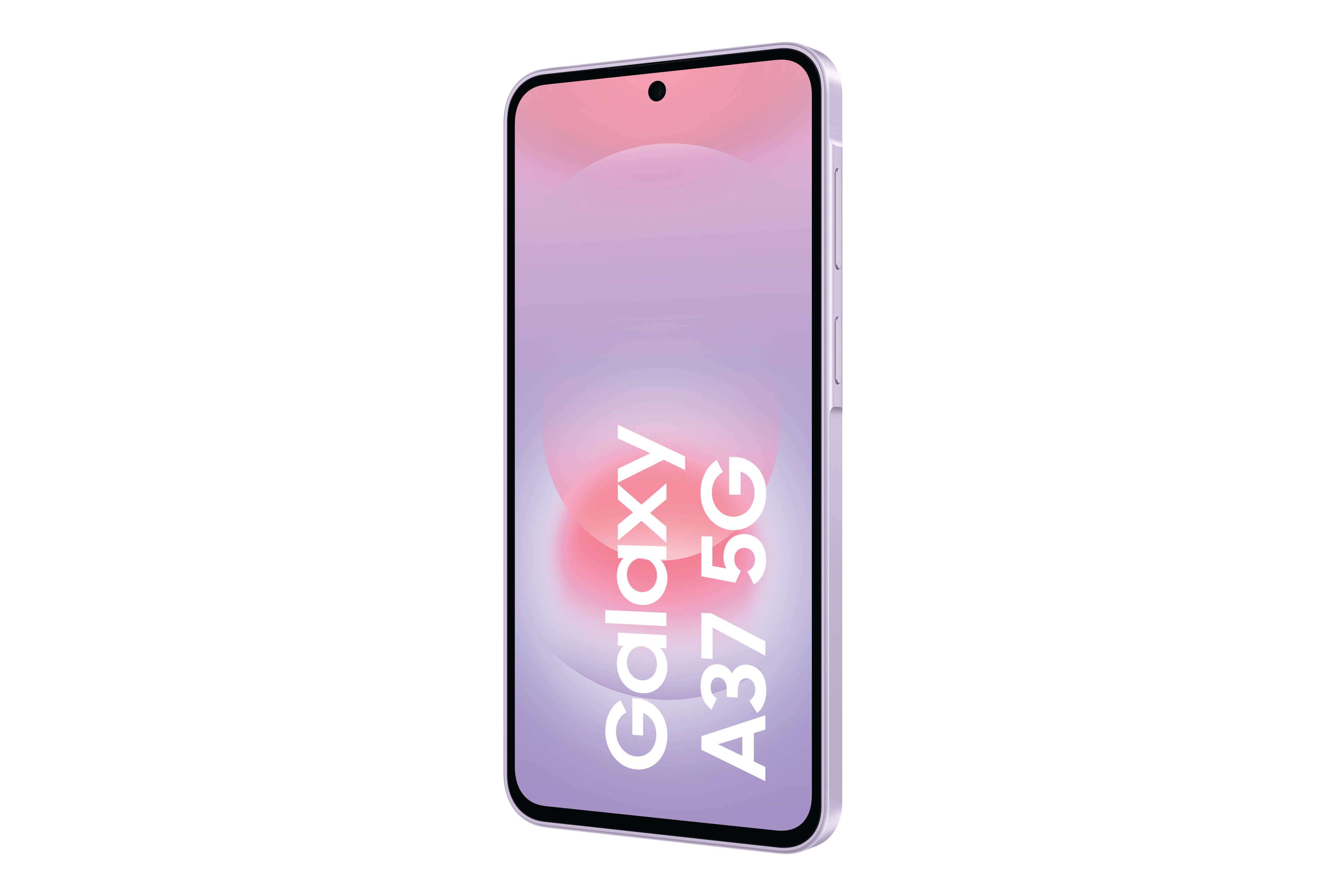 Ein lila Samsung Galaxy A37 5G Smartphone mit einem Loch für die Kamera.