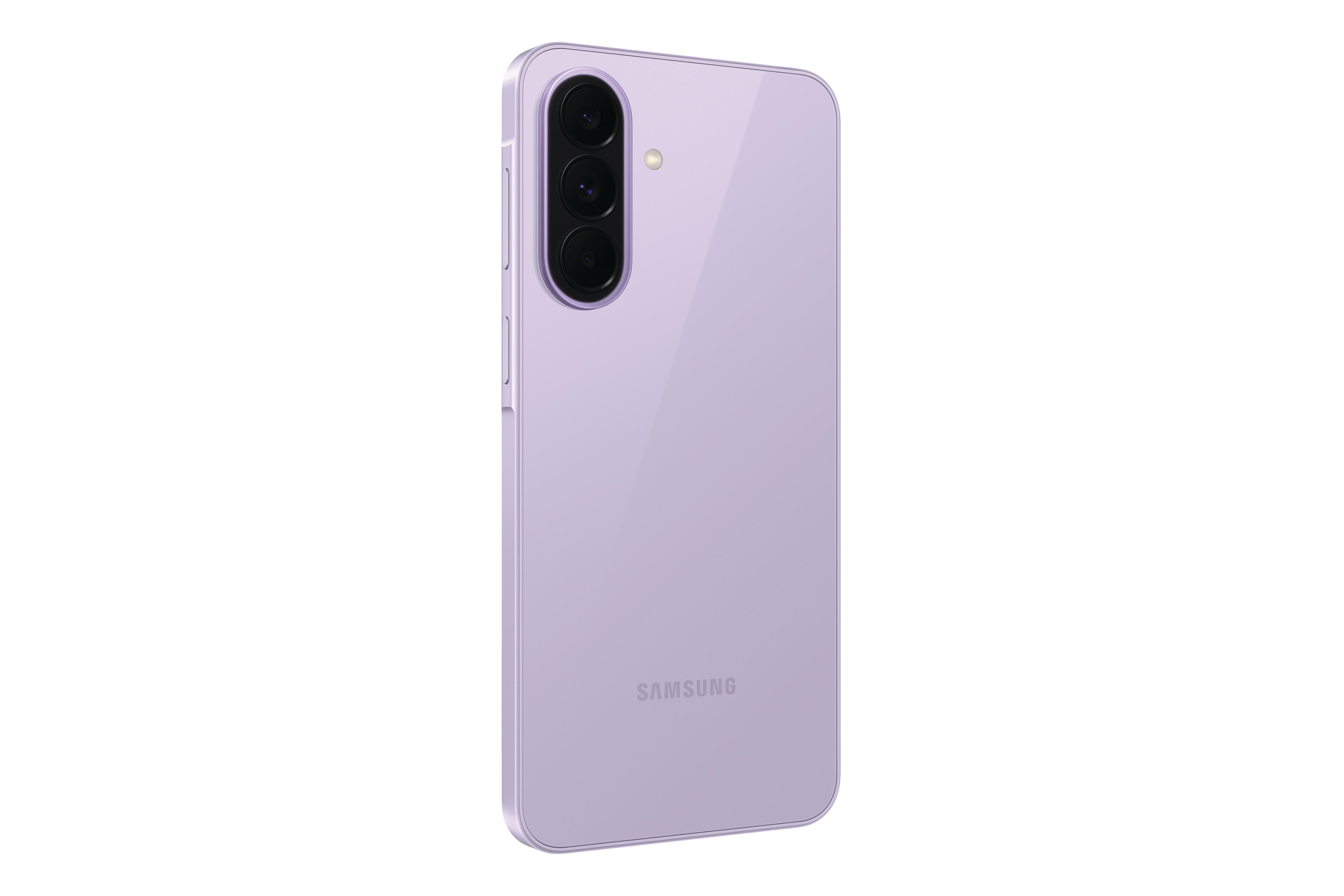 Rückseite eines hellvioletten Samsung Smartphones mit drei Kameras.