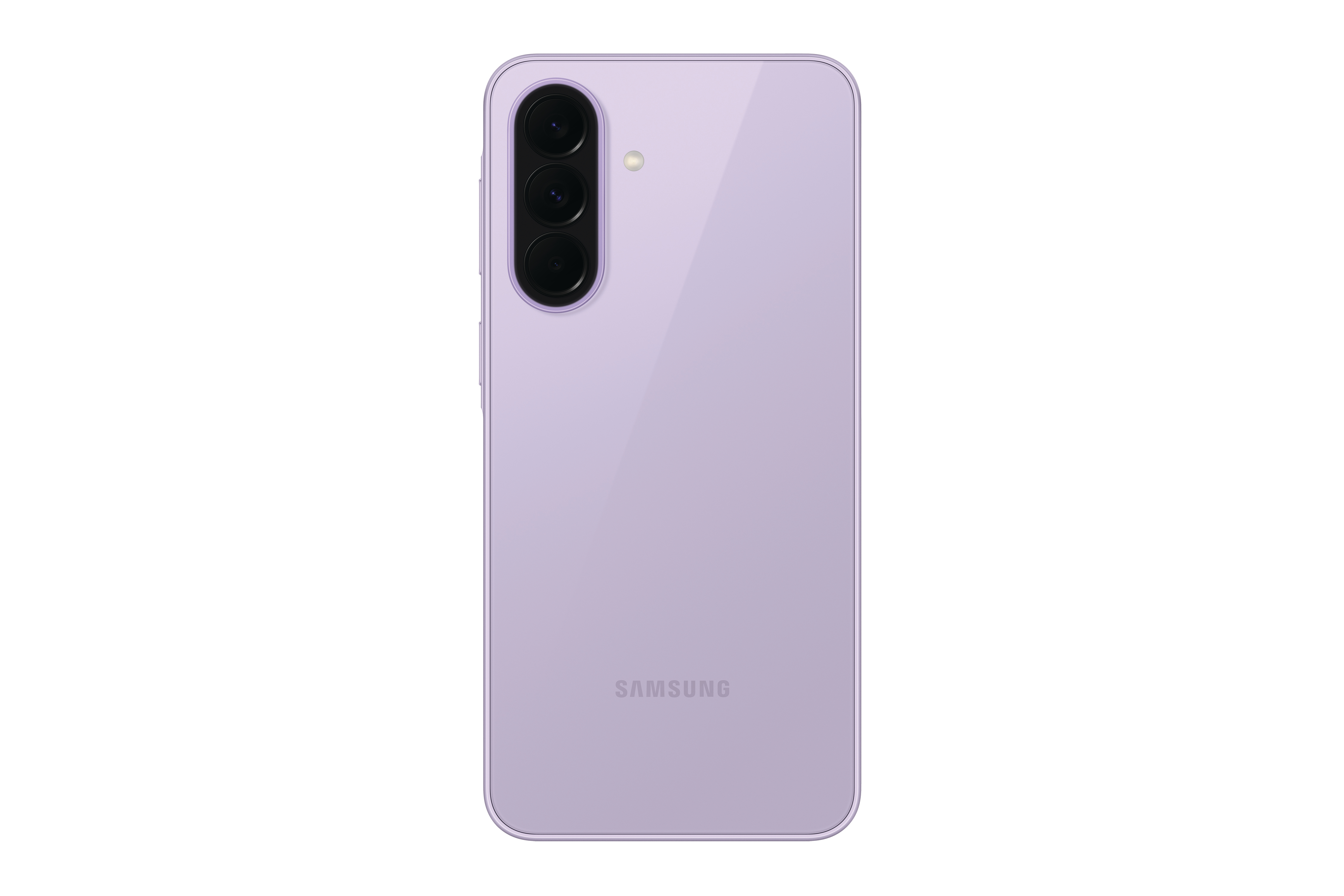 Rückseite eines lila Samsung Smartphones mit drei Kameralinsen und Blitz.