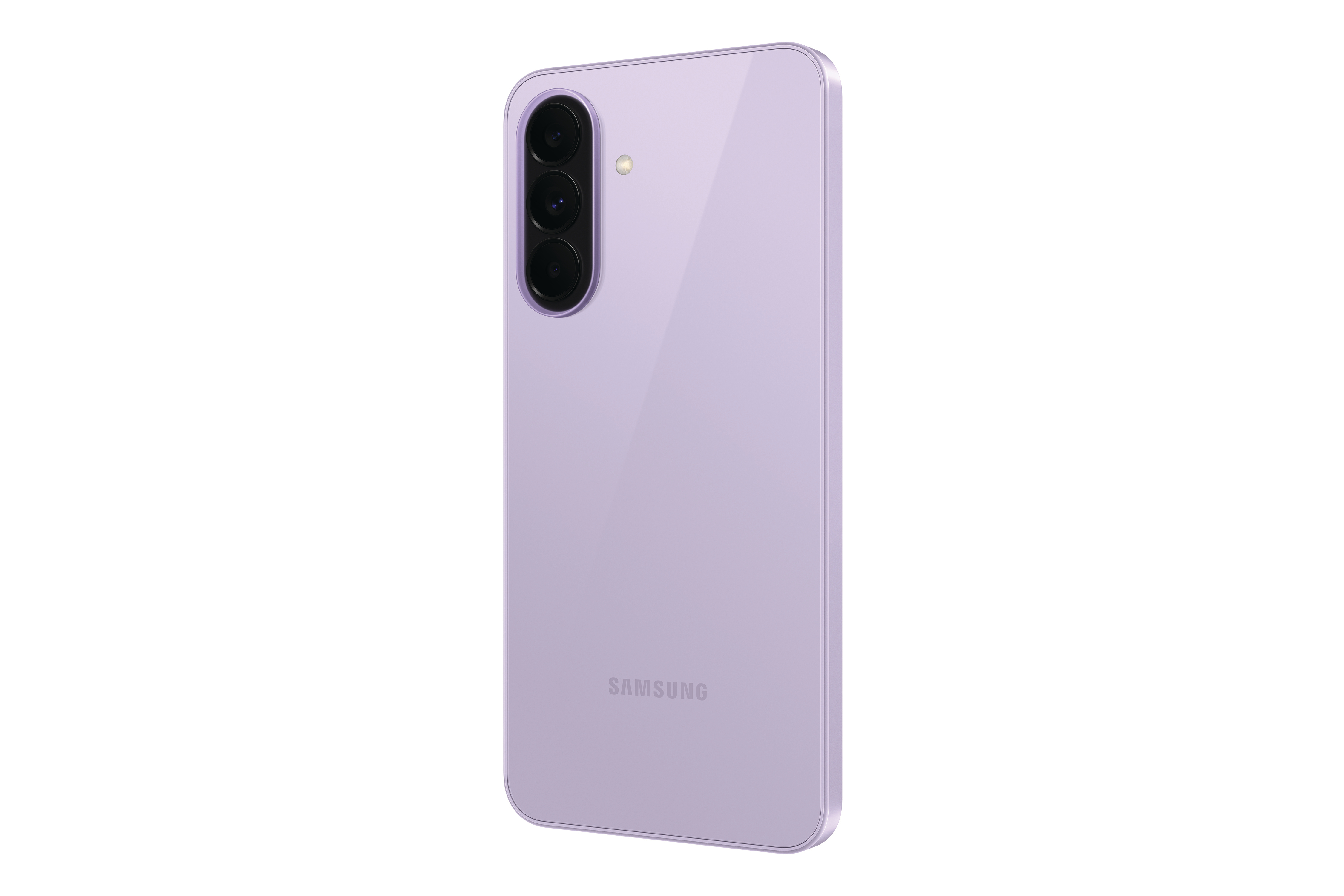 Ein lila Smartphone mit drei Kameras auf der Rückseite.