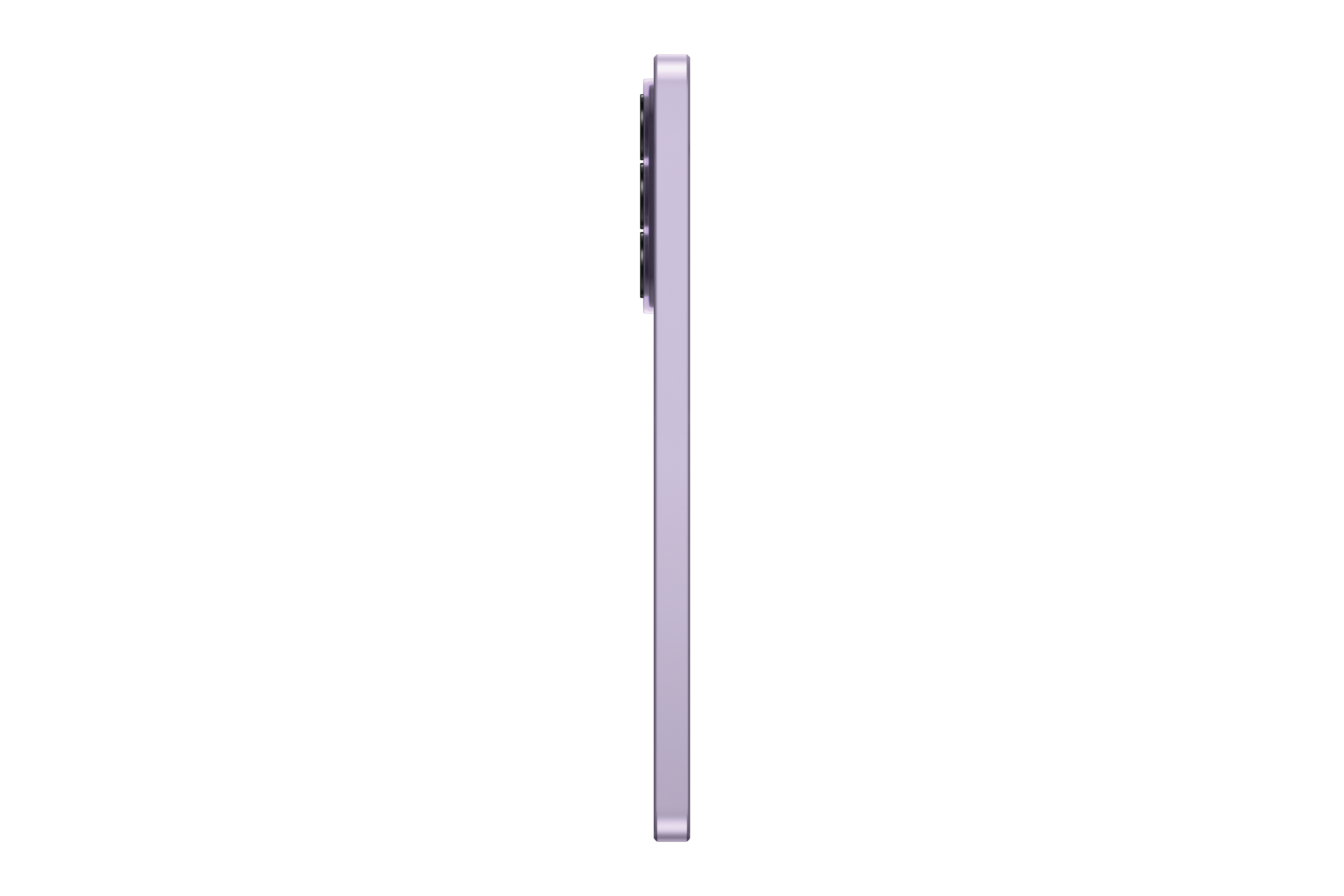 Ein lila Smartphone mit drei Kameras, von der Seite gesehen.