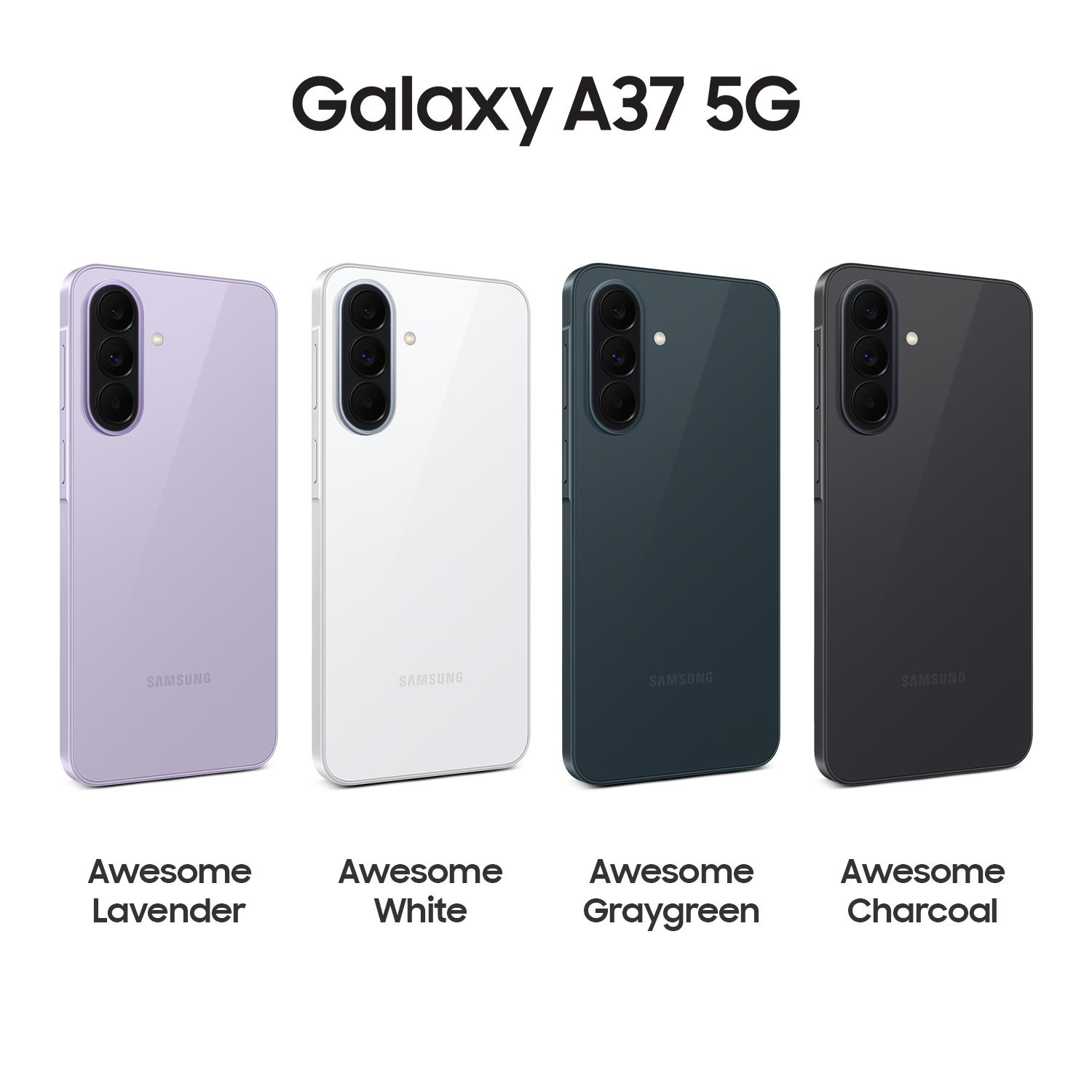 Vier Samsung Galaxy A37 5G Smartphones in Lavendel, Weiß, Grau und Schwarz.