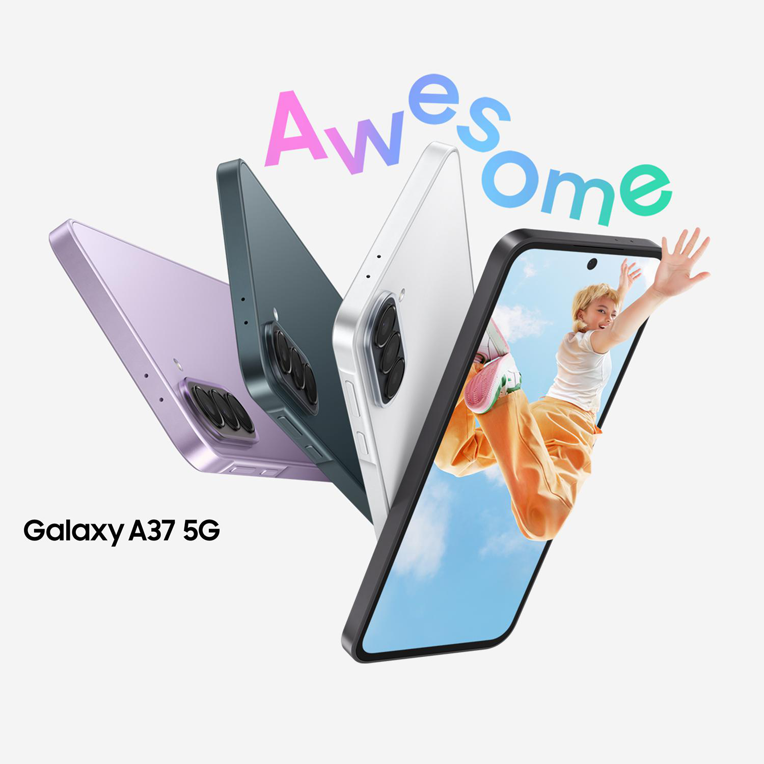 Drei Samsung Galaxy A37 5G Handys in Lila, Blau und Weiß mit Schriftzug 'Awesome'.