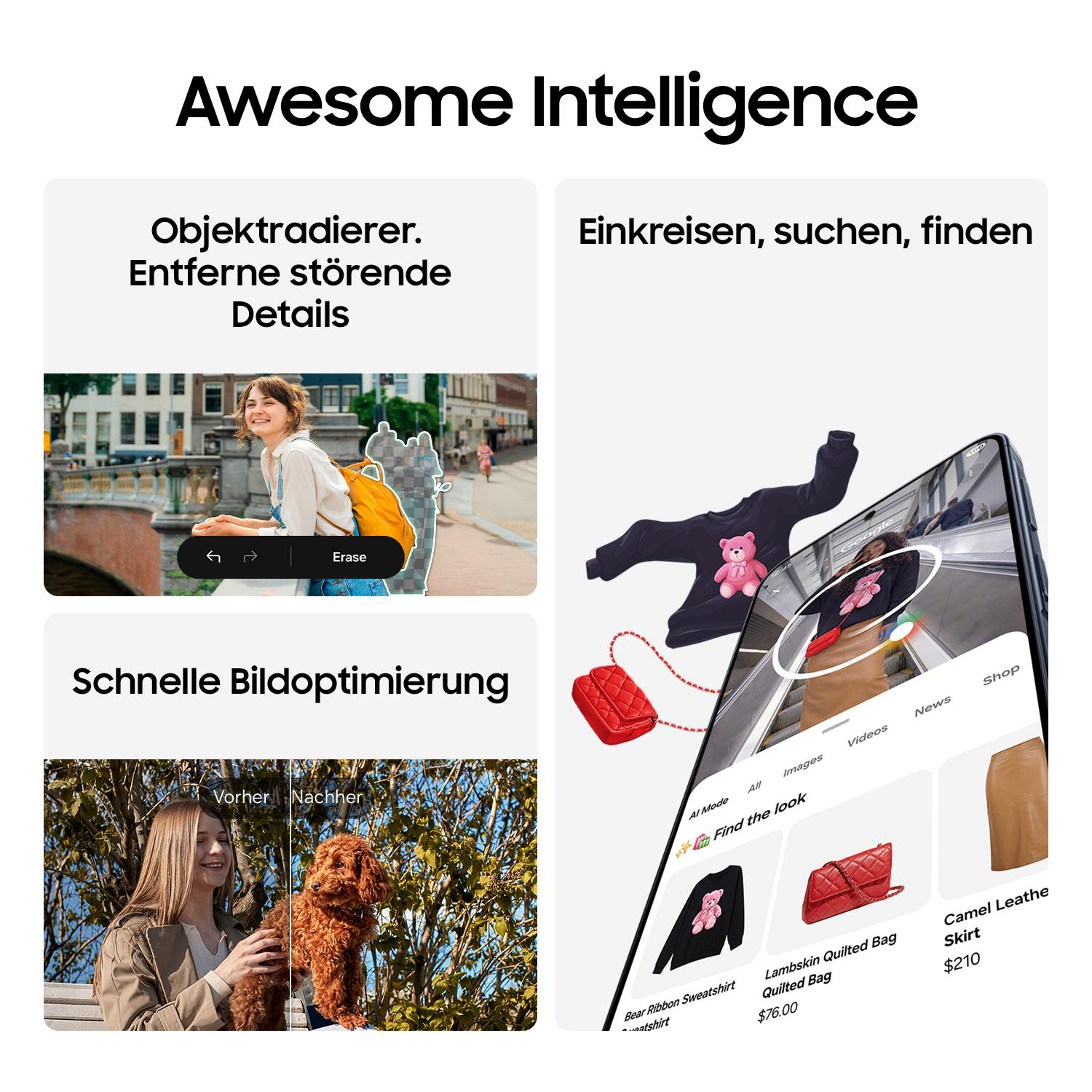 Eine Collage zeigt KI-Foto-Features: Objektentfernung, Objekterkennung und Bildoptimierung.