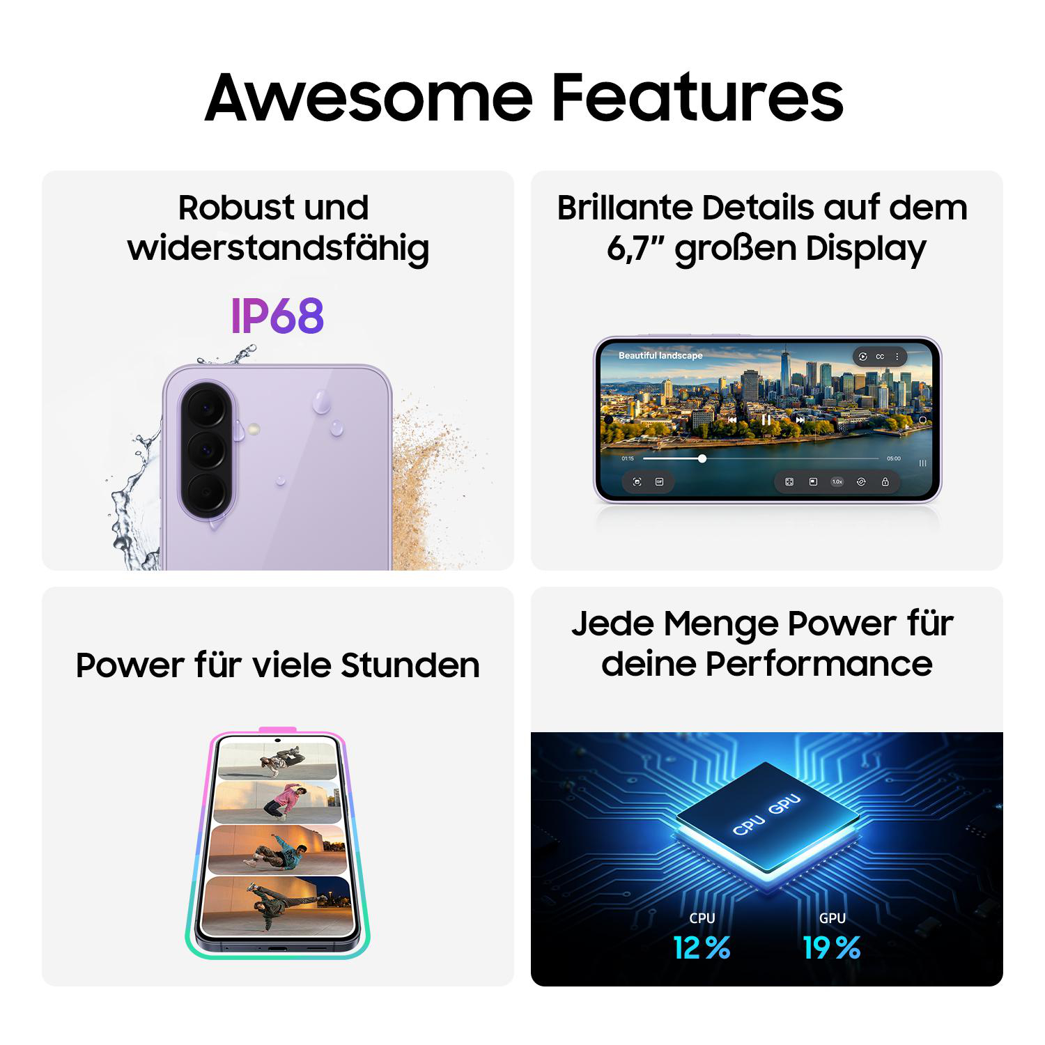 Ein lila Handy mit IP68-Schutz, ein Display, ein Handy mit Fotos, ein CPU/GPU-Chip.