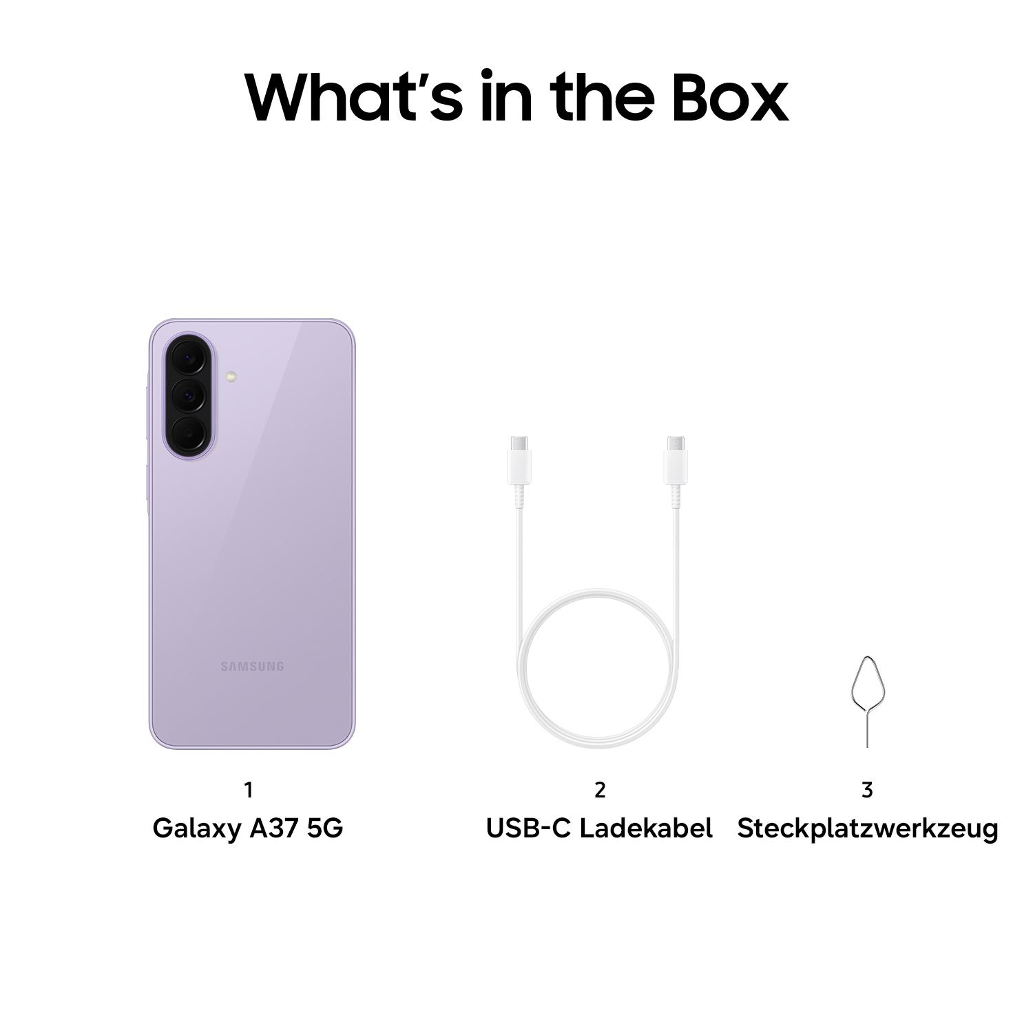 Ein Samsung Galaxy A37 5G, USB-C Kabel und SIM-Werkzeug.