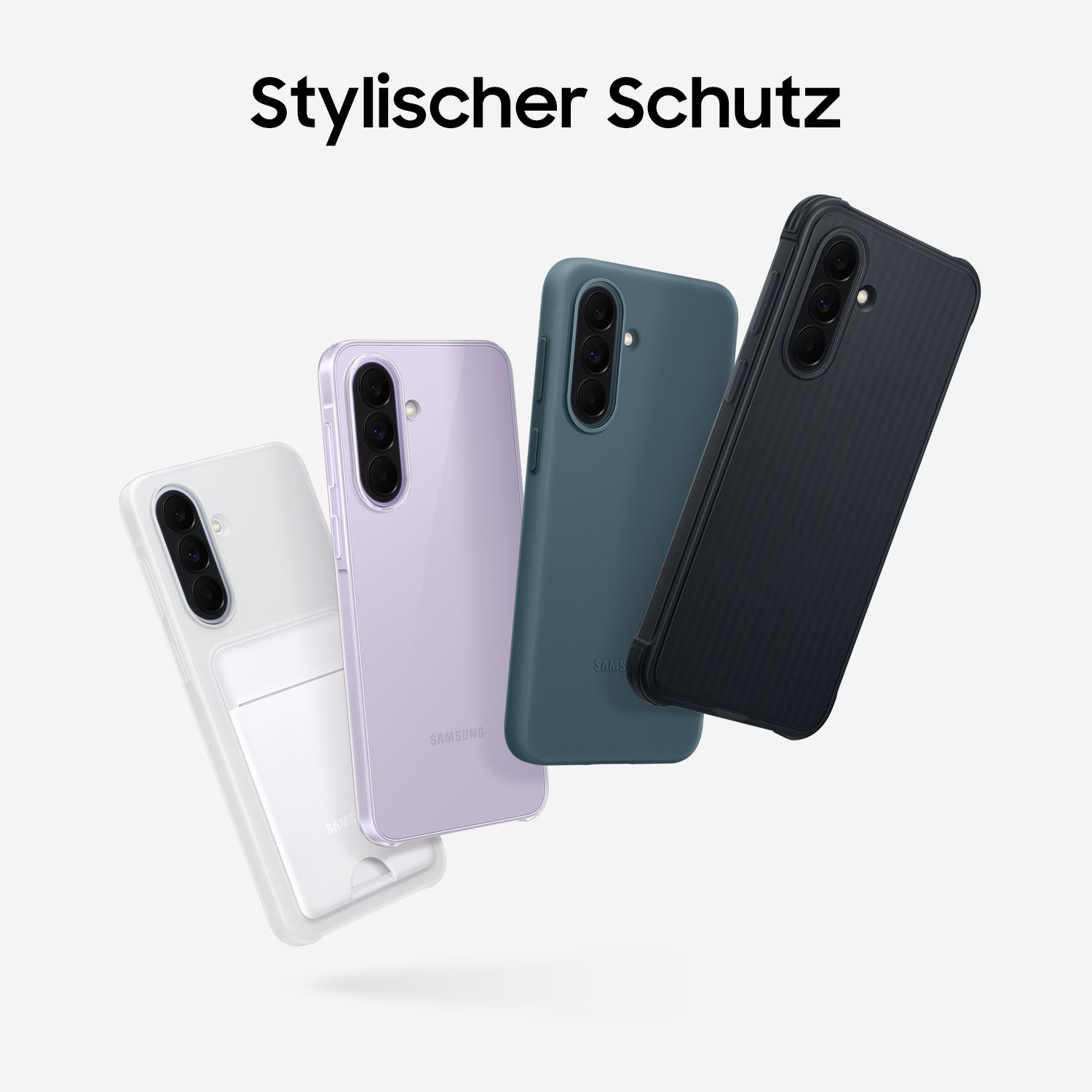 Vier Samsung Handyhüllen in verschiedenen Farben: wei, Lavendel, Petrol und Schwarz.
