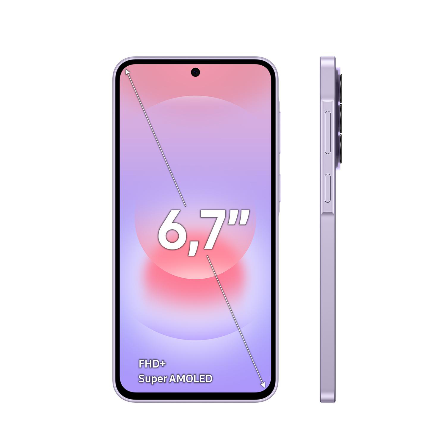 Lila Smartphone mit 6,7 Zoll Super AMOLED FHD+ Display und Dreifachkamera.