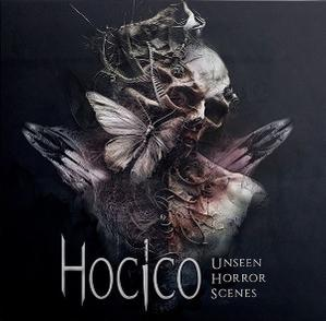 Dunkles, surreales Bild mit Totenkopf, Mechanik, Motte und Flügeln. Text: 'Hocico Unseen Horror Scenes'.