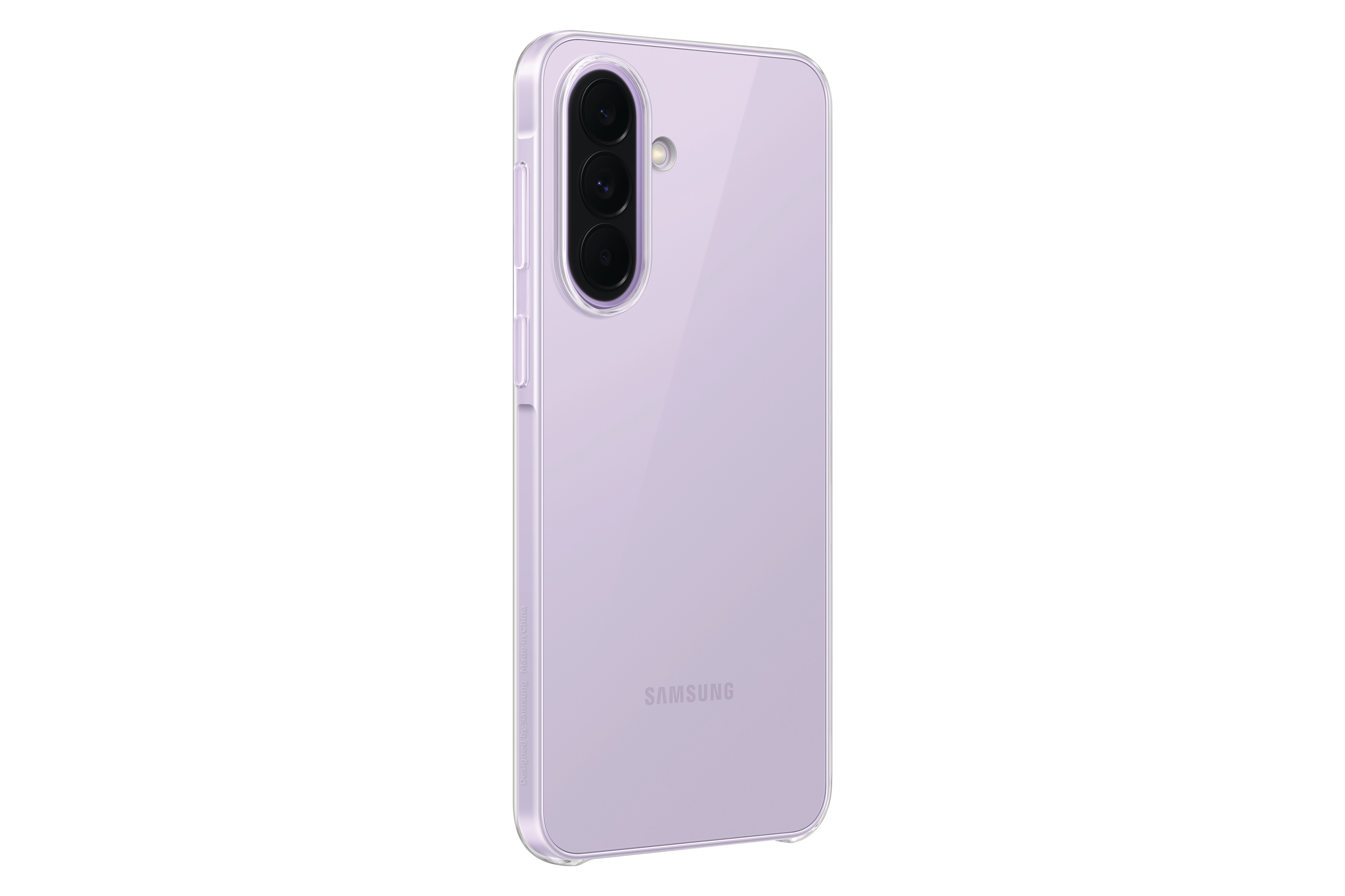 Lila durchsichtige Handyhülle mit drei Kameras und Samsung-Logo.