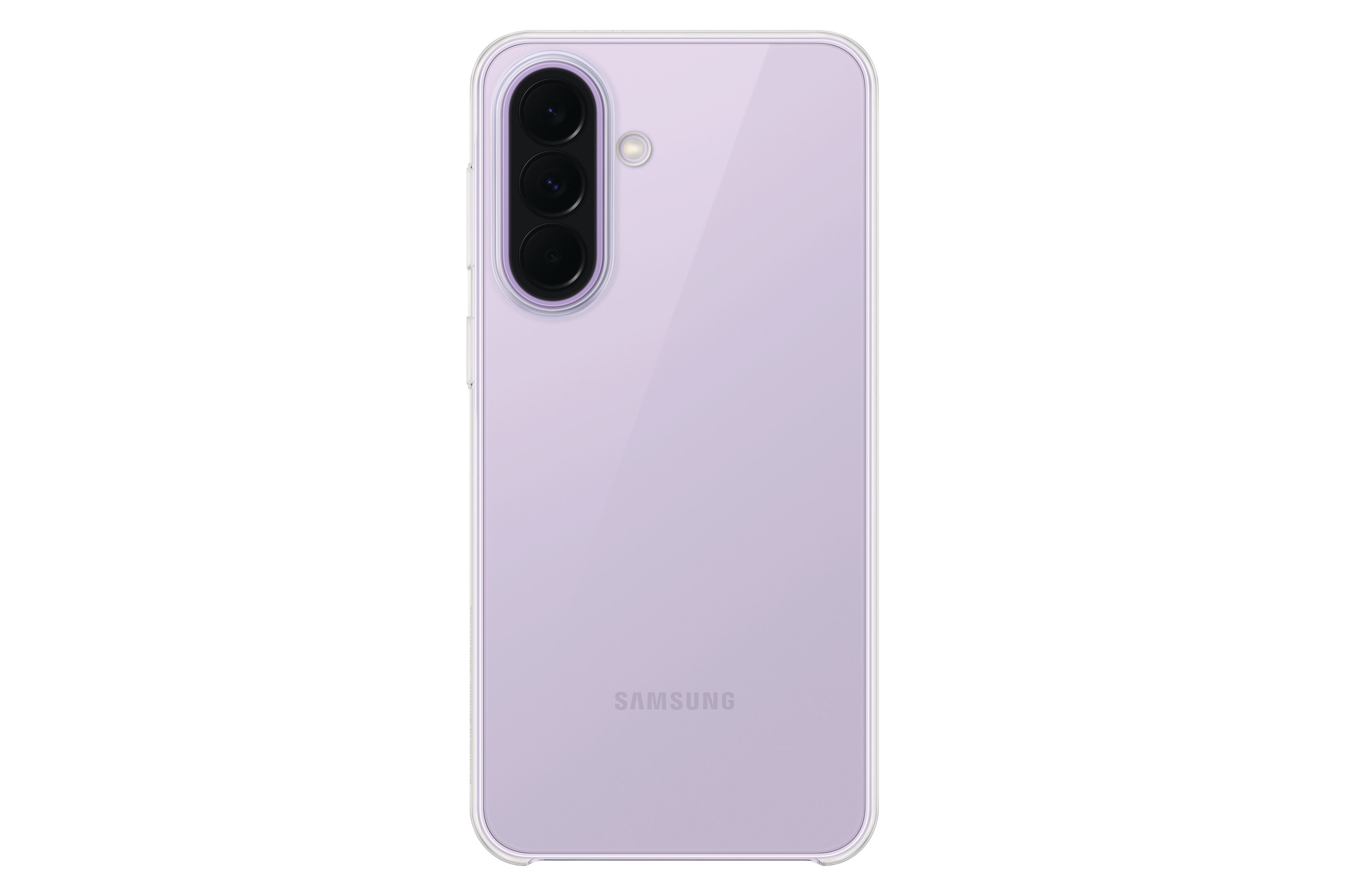 Lila Samsung Smartphone mit Dreifachkamera und klarem Gehäuse.