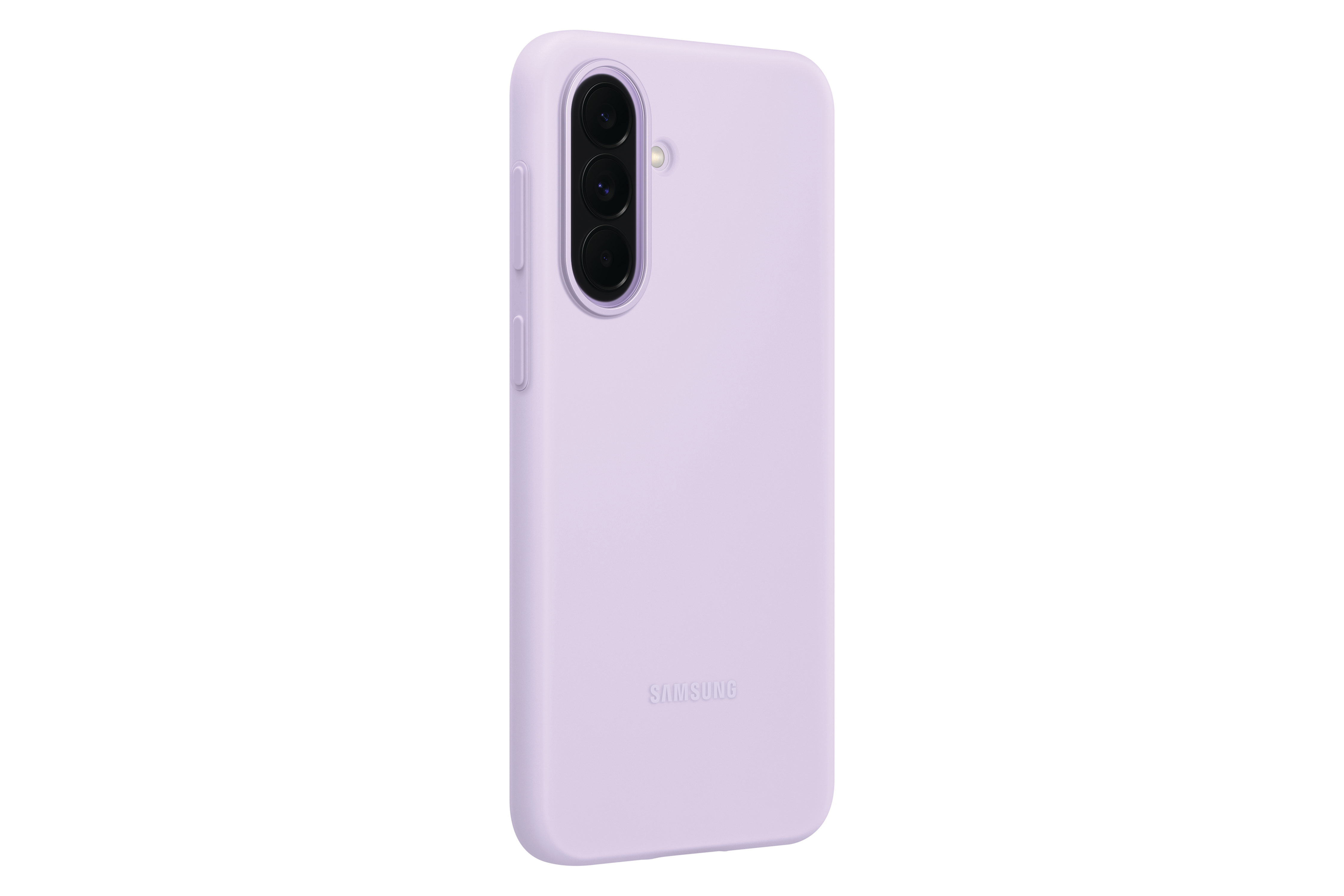 Ein lavendelfarbenes Handycover mit drei Kameralinsen und dem Samsung-Logo.
