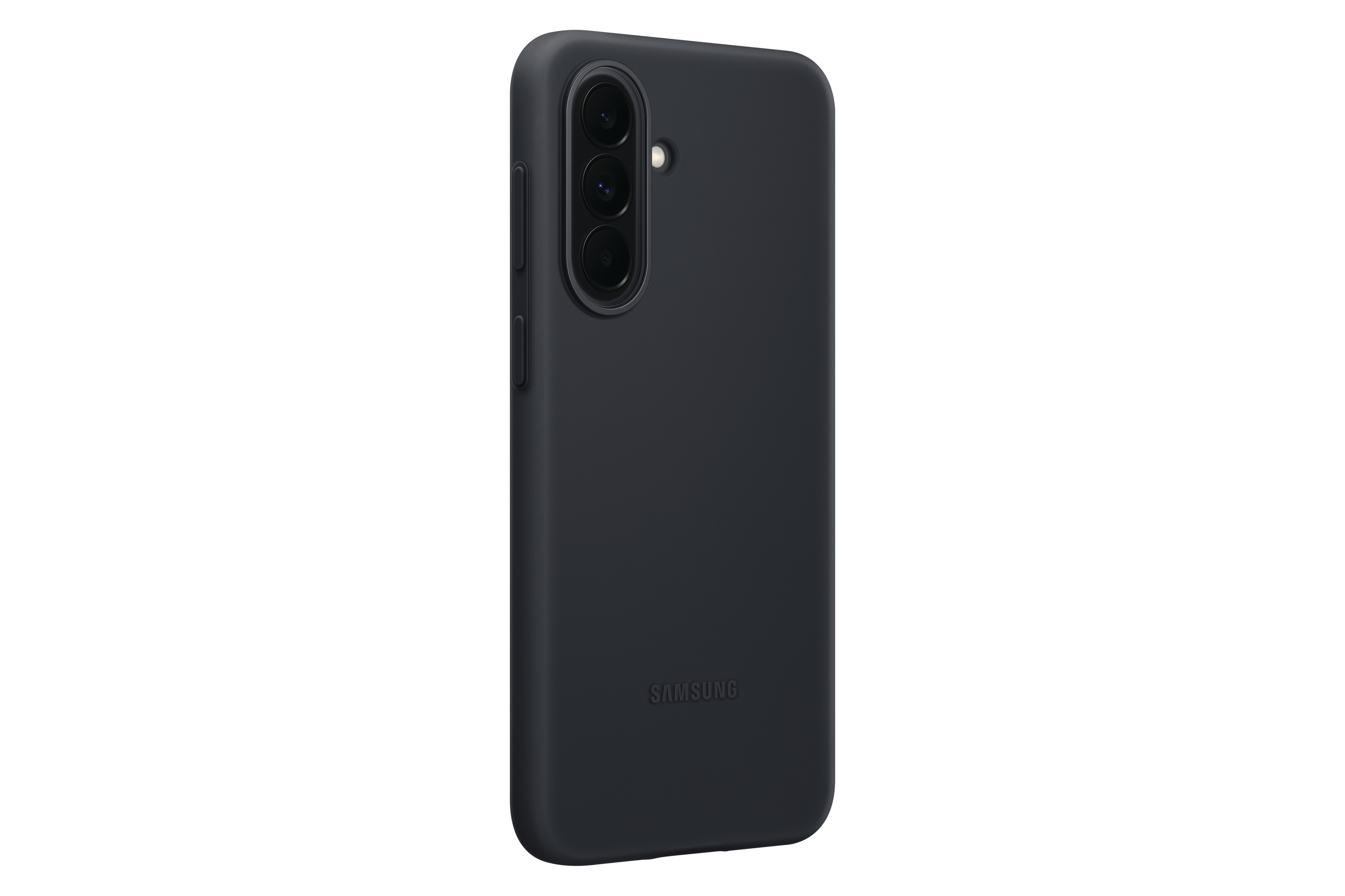 Eine dunkle Handyhülle mit drei Kameralinsen und dem Samsung-Logo.