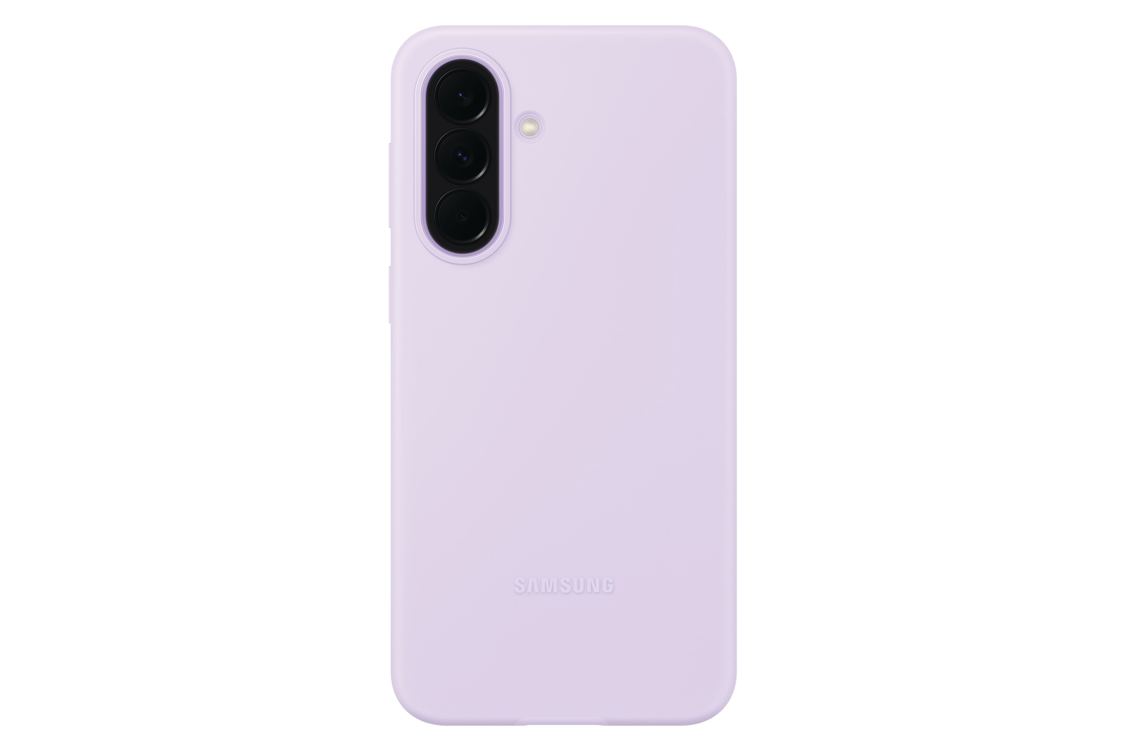 Ein lilafarbenes Handycover mit drei Kameras und einem Blitz.