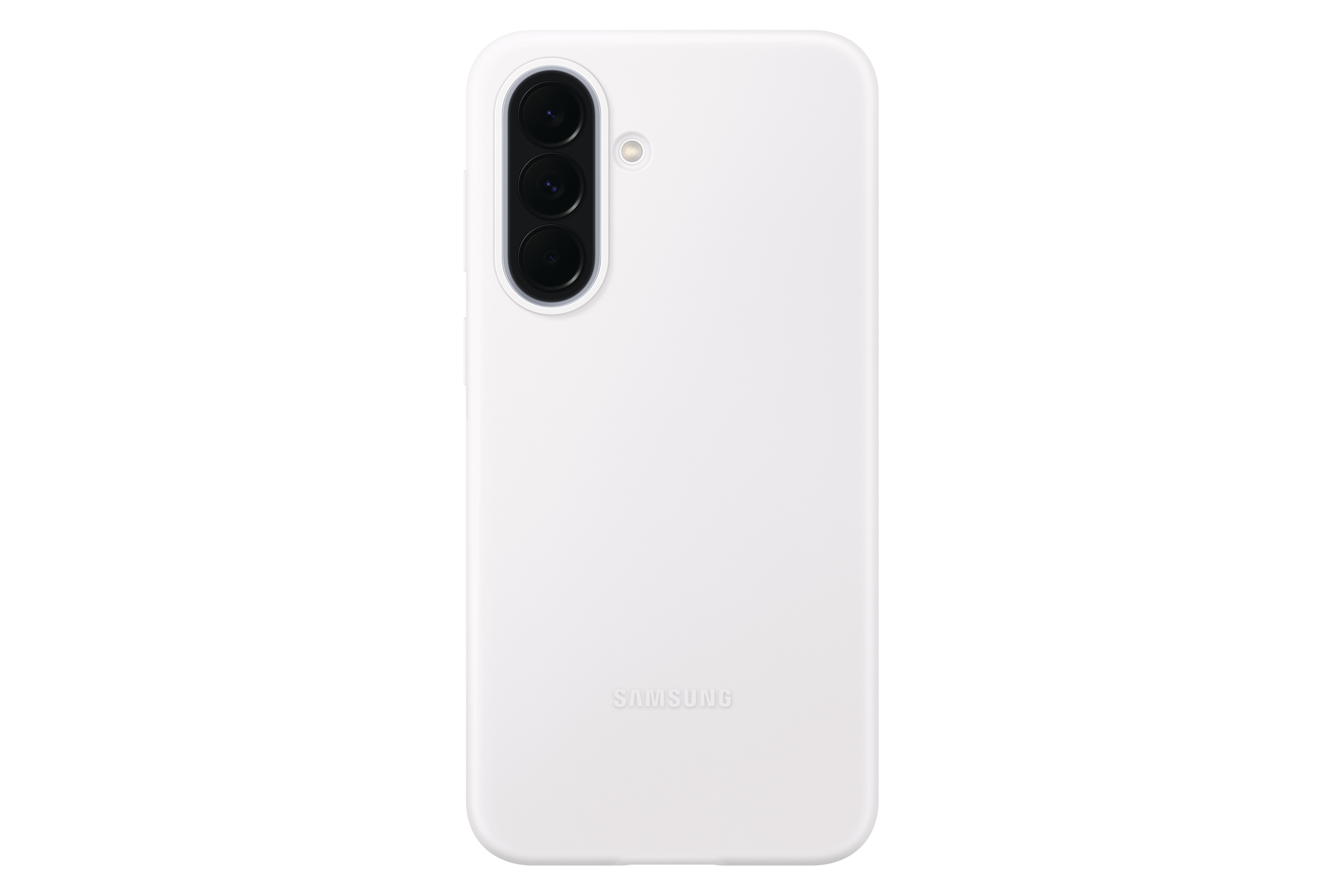 Weiße Handyhülle mit dreifacher Kamera und Samsung-Logo.