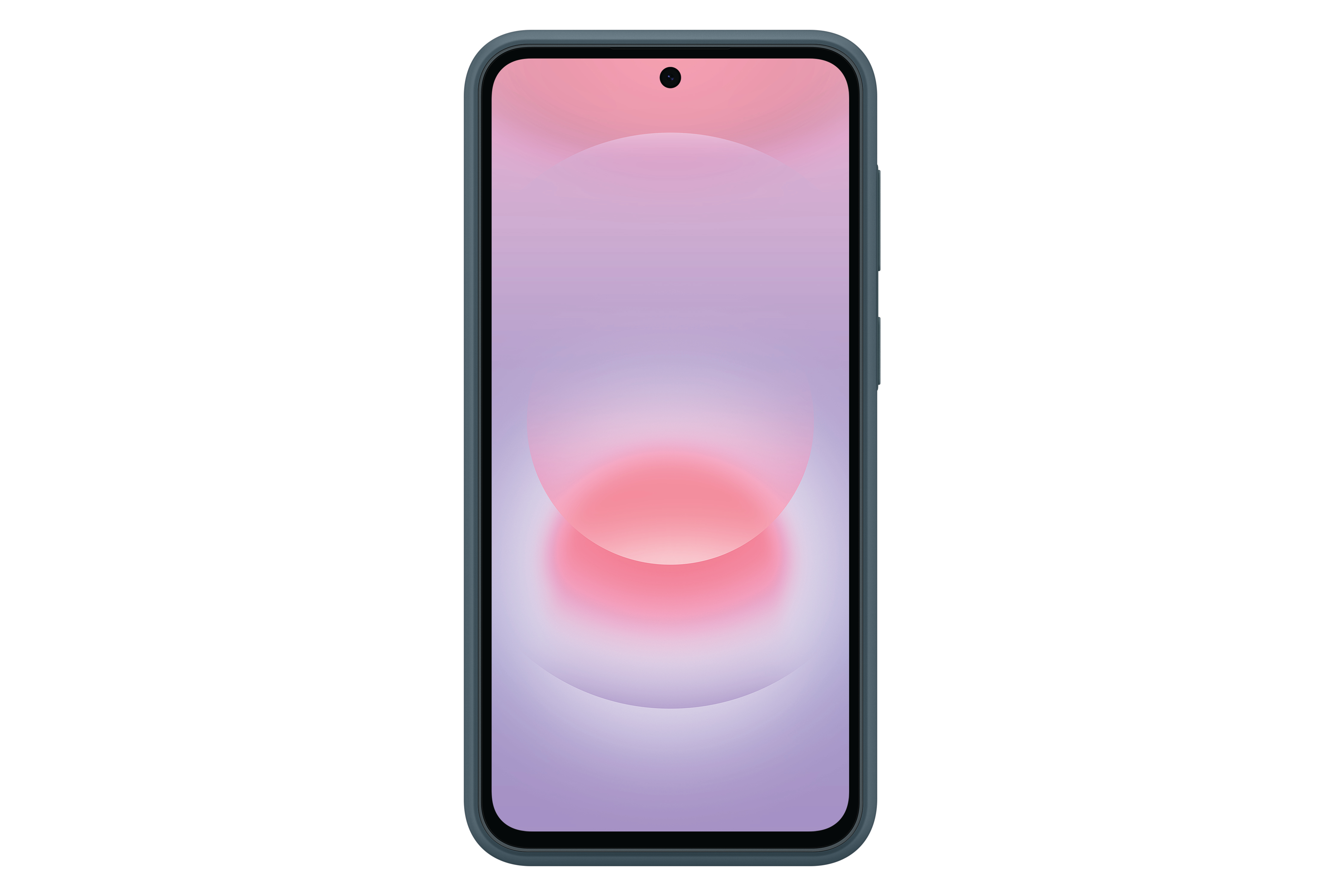 Ein dunkles Smartphone mit einem blassrosa und lavendelfarbenen Hintergrund.