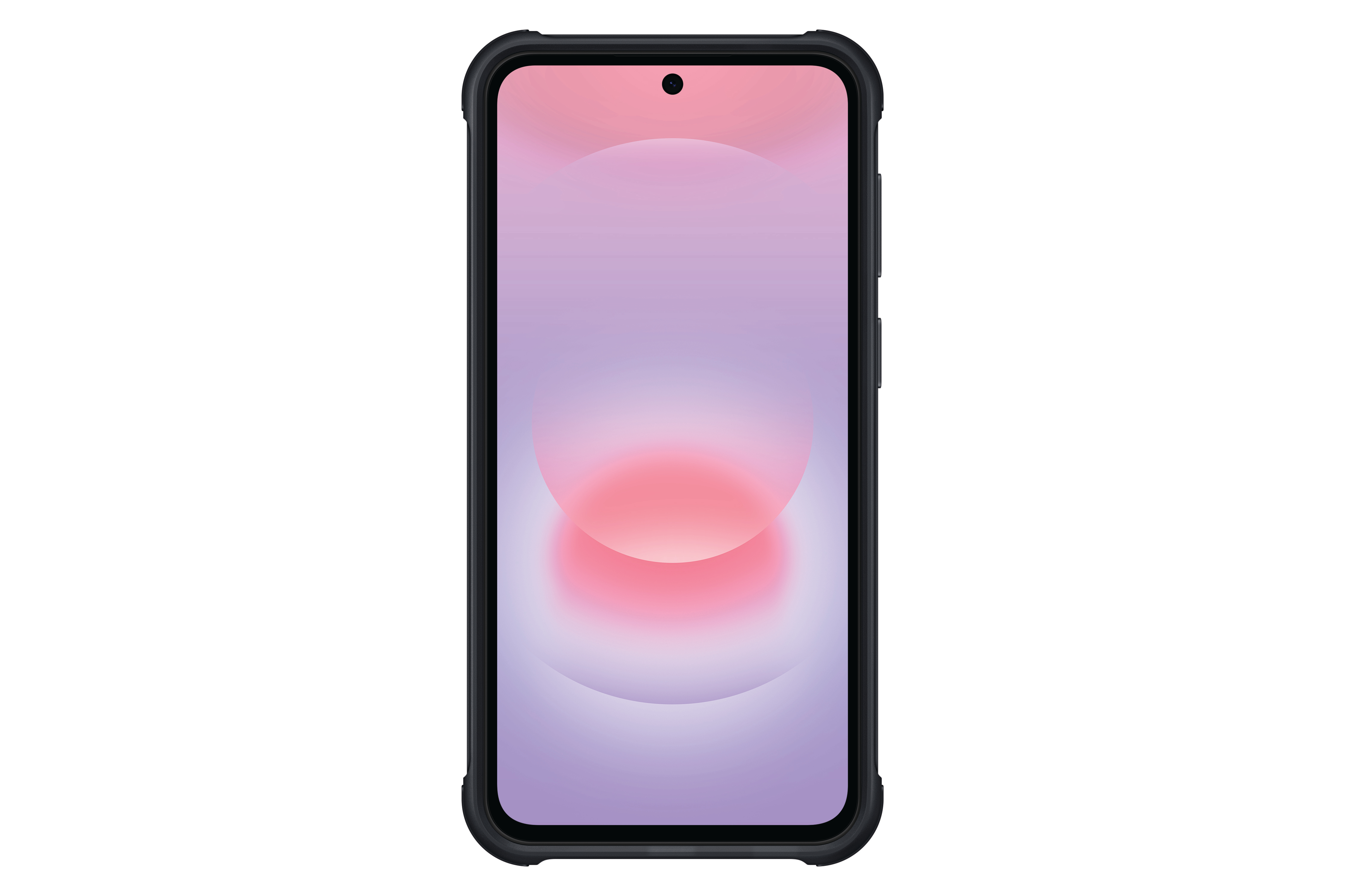 Ein schwarzes Smartphone mit einem lila und rosa Hintergrund.