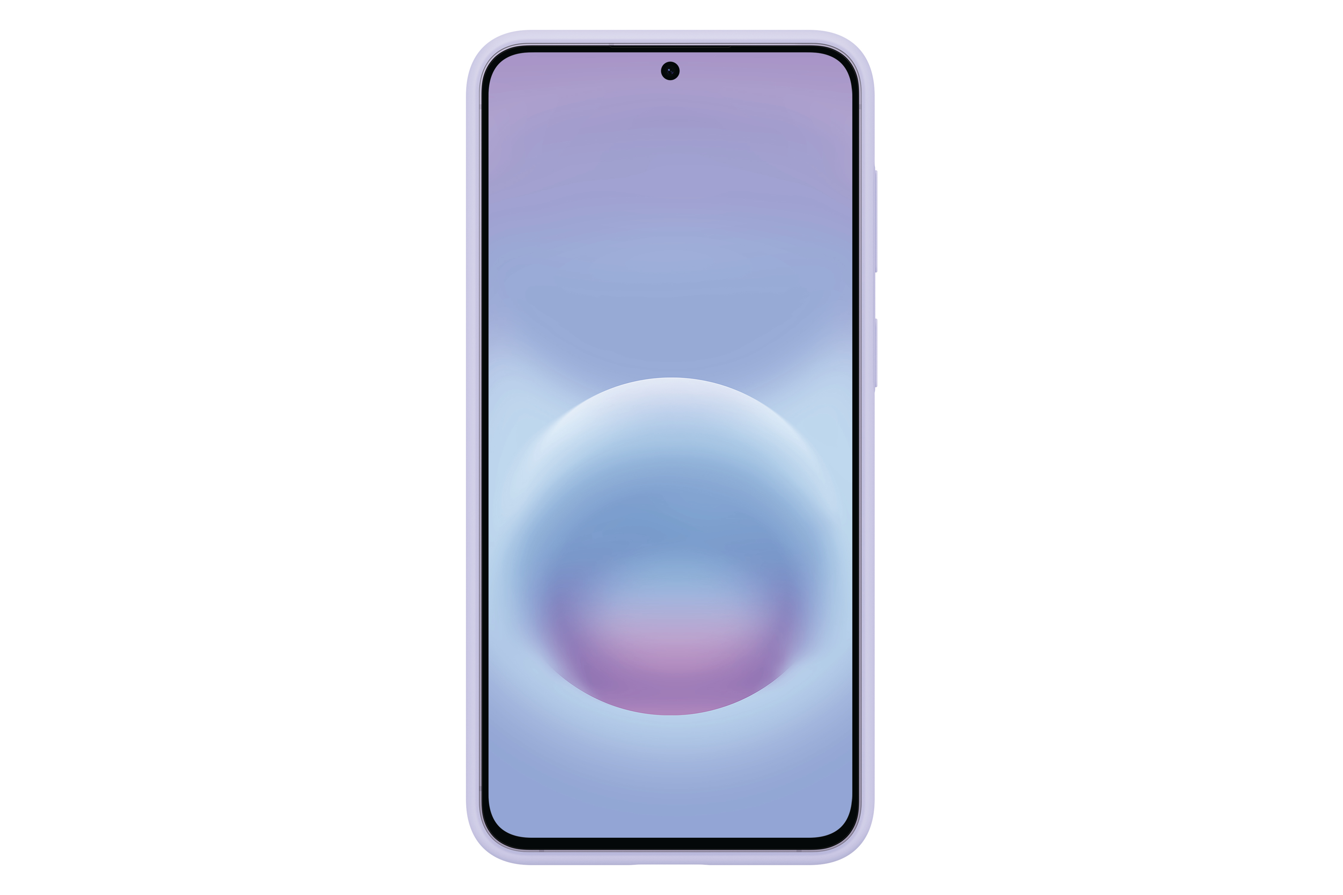 Ein helles Smartphone mit einem lila Gehäuse und einem blauen und violetten Hintergrundbild.