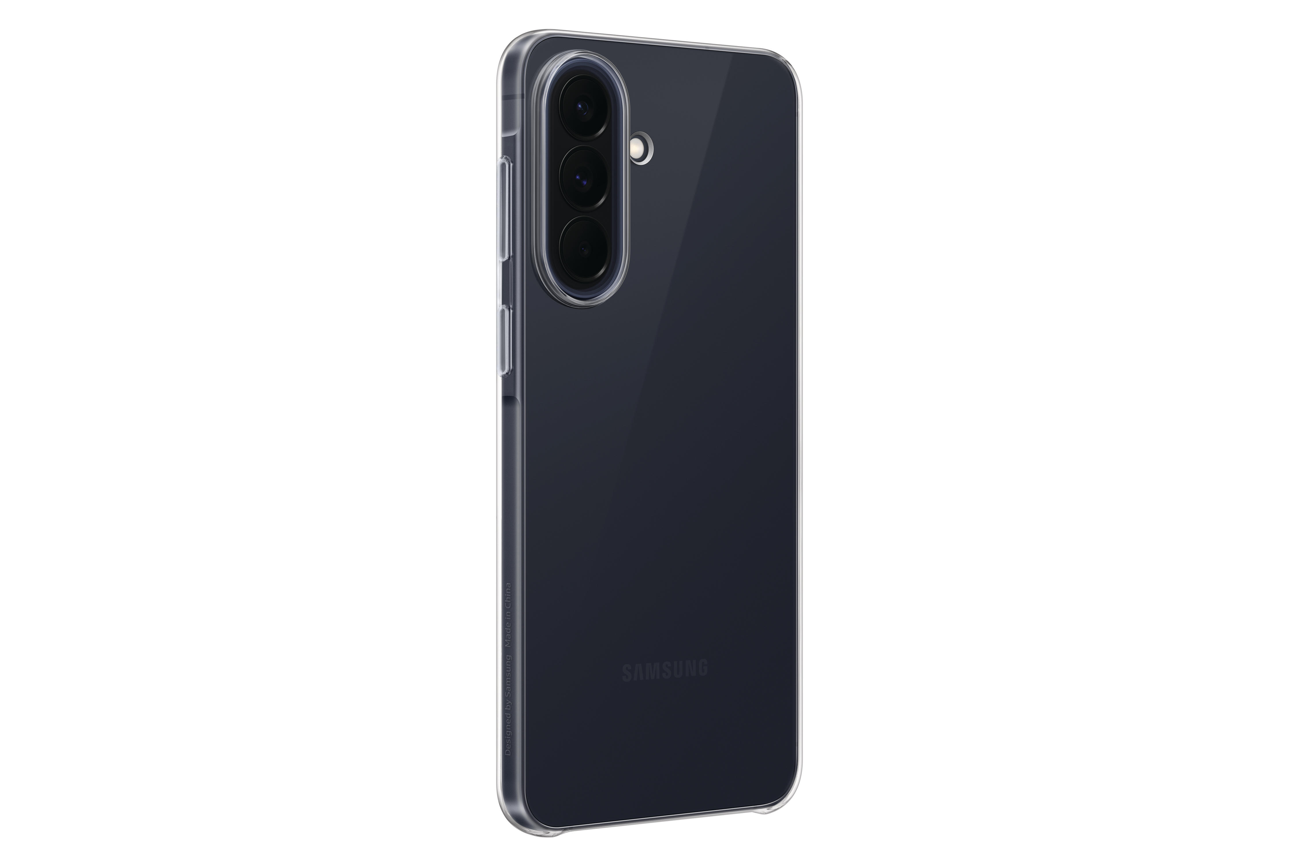 Ein durchsichtiges Handy-Case mit drei Kameras und einem Blitz.