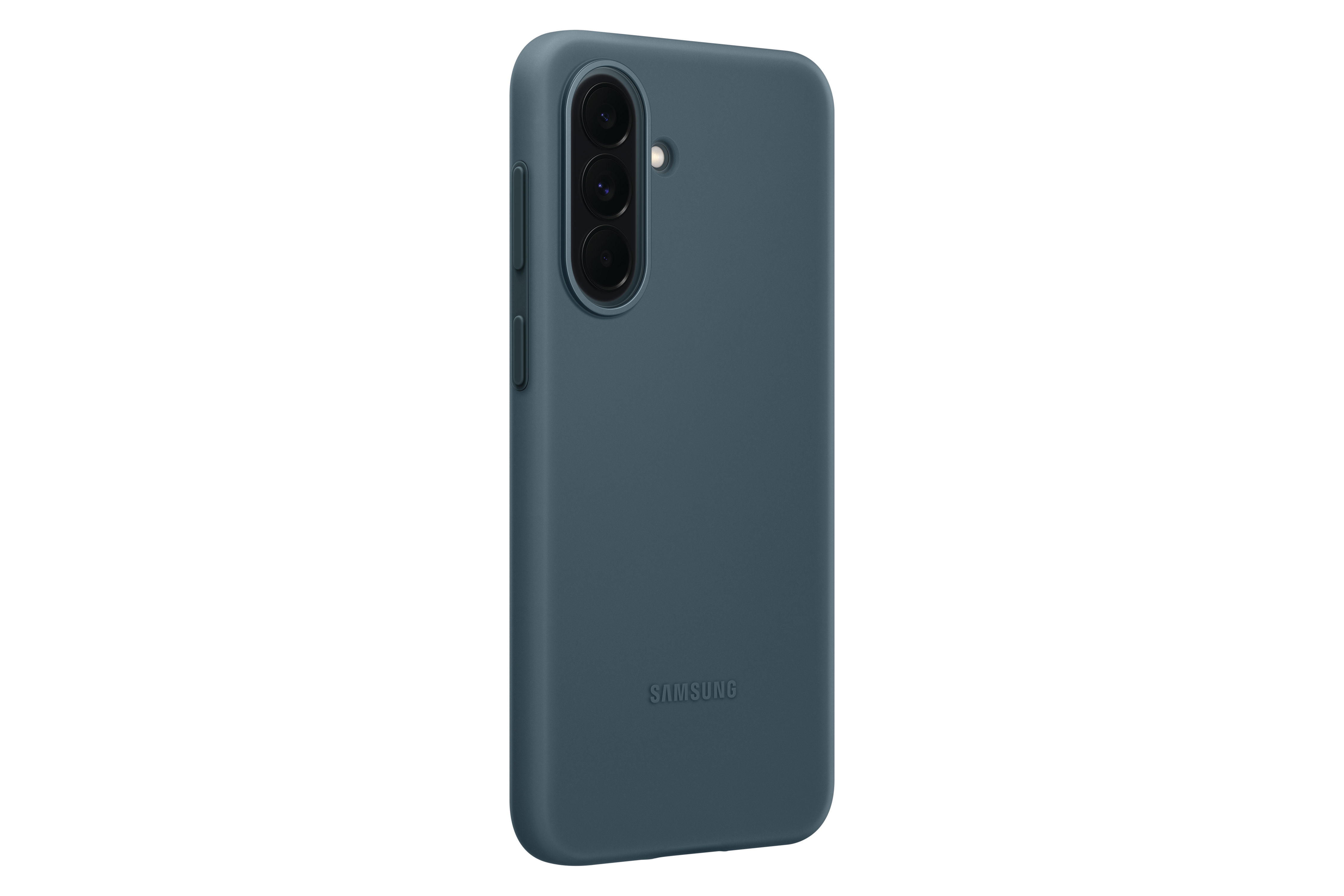 Eine blaue Handyhülle mit drei Kameralinsen und dem Samsung-Logo.