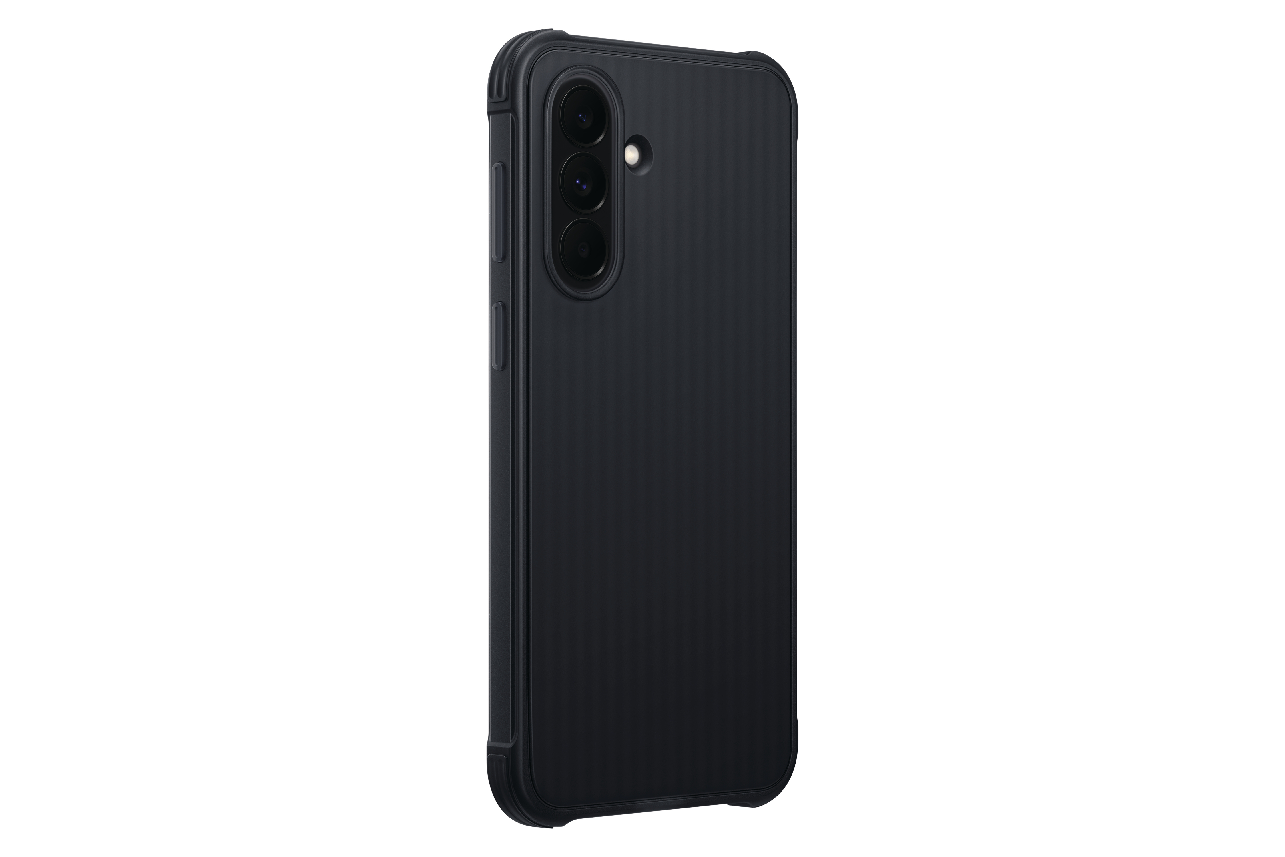 Schwarzes Smartphone mit dreifacher Kamera auf weißem Hintergrund.