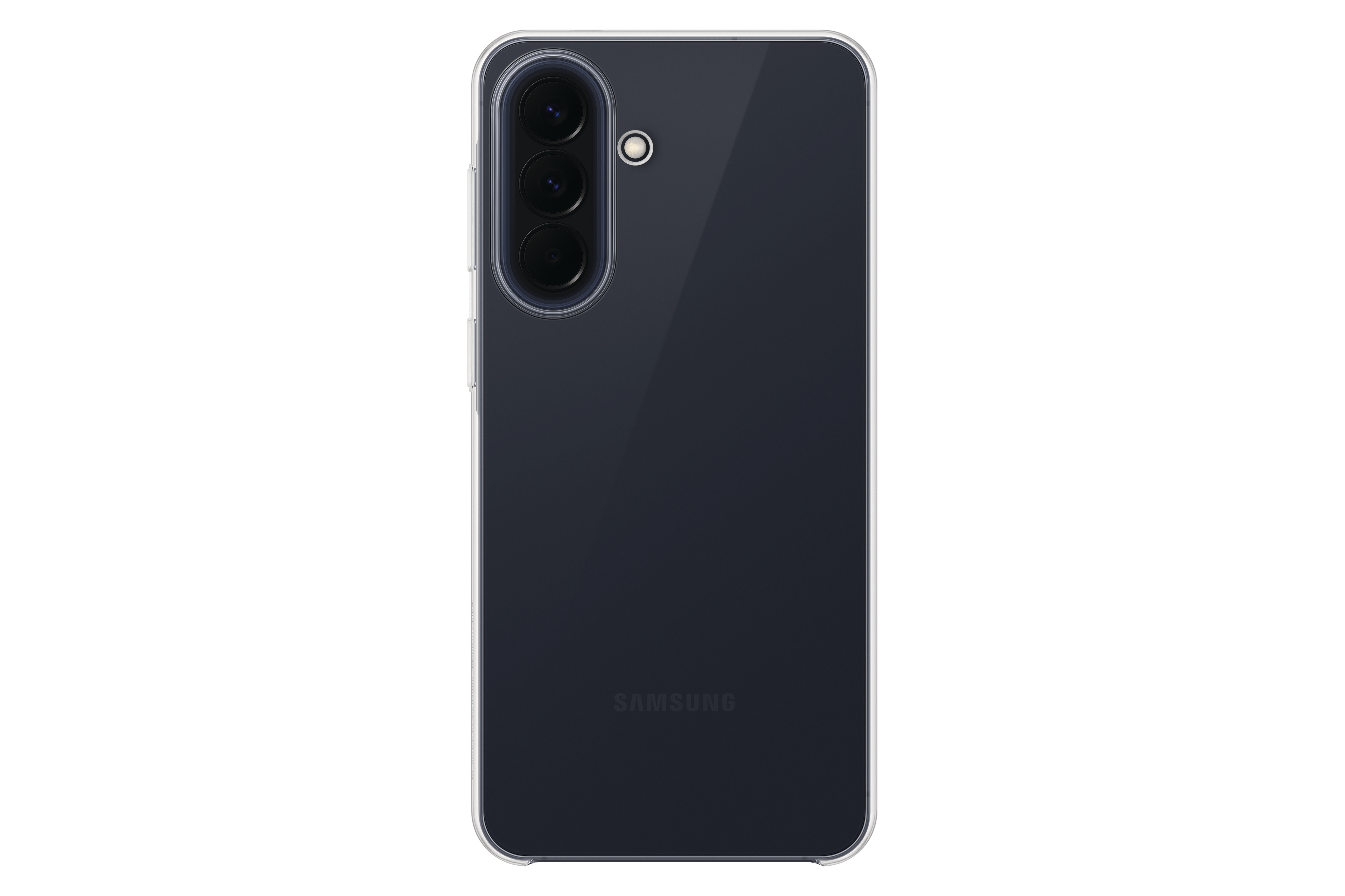 Rückseite eines dunklen Smartphones mit drei Kameras und Blitz.