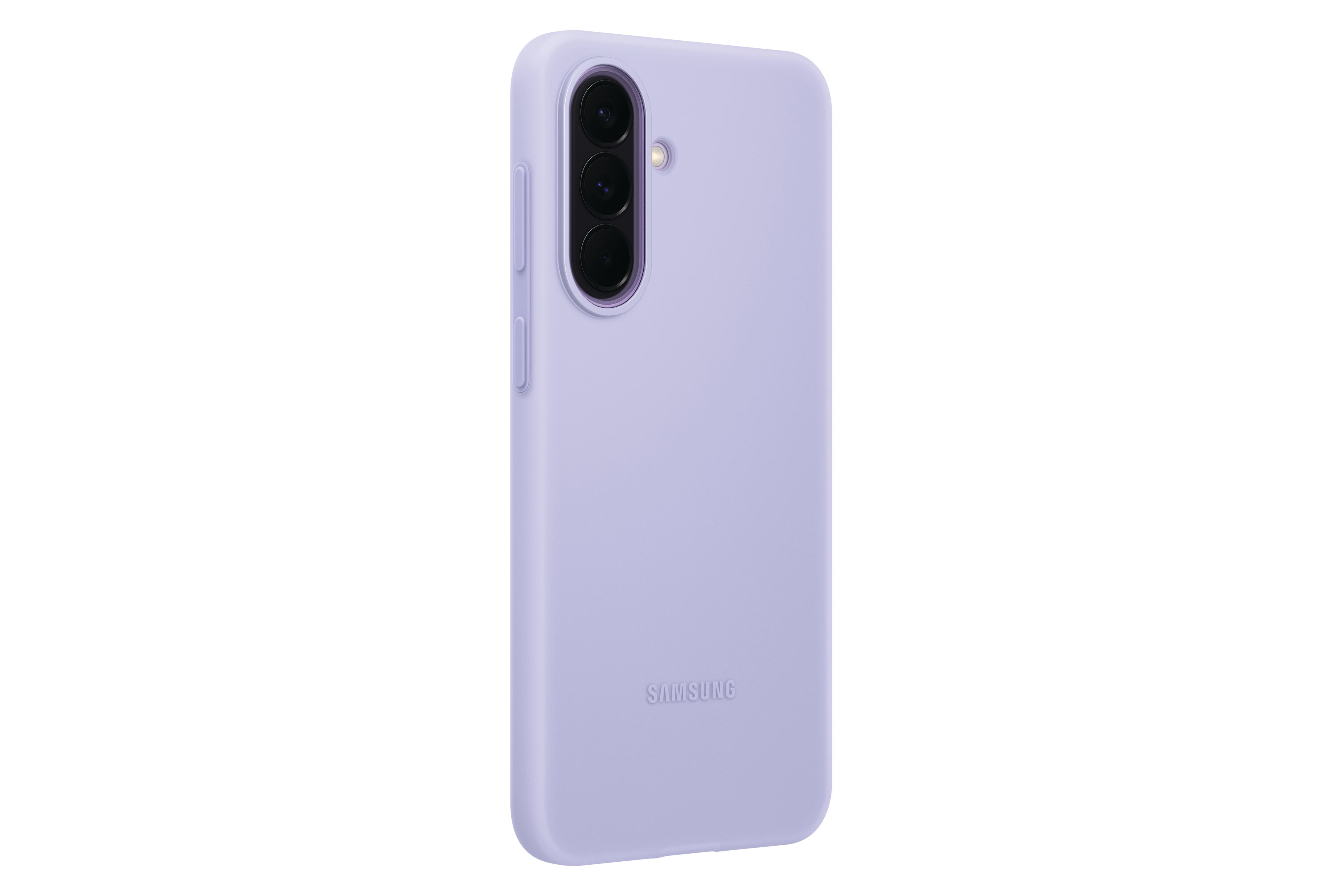 Ein lila Handyhülle mit drei Kameralinsen und dem Samsung-Logo.