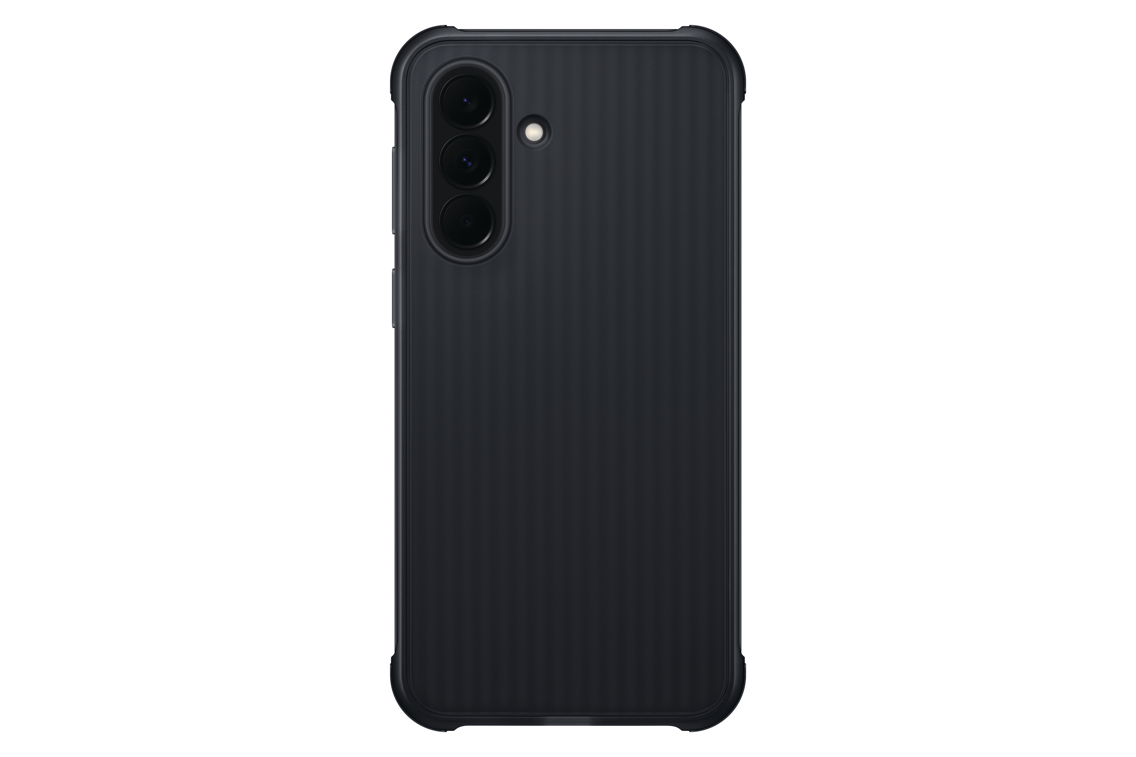 Dunkelgraues Handy mit drei Kameras und Blitz auf der Rückseite.