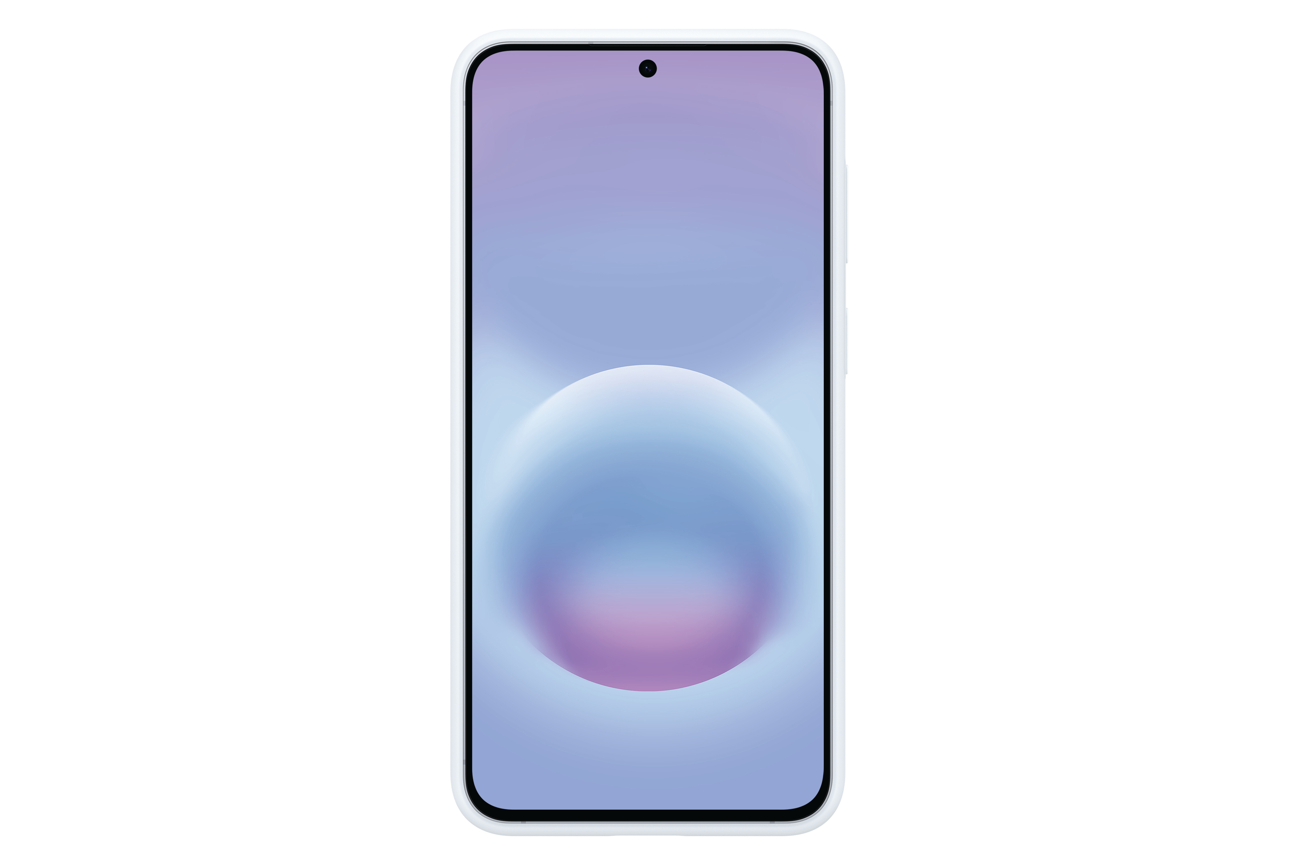 Ein hellblaues Smartphone mit einem blauen und violetten Hintergrundbild.