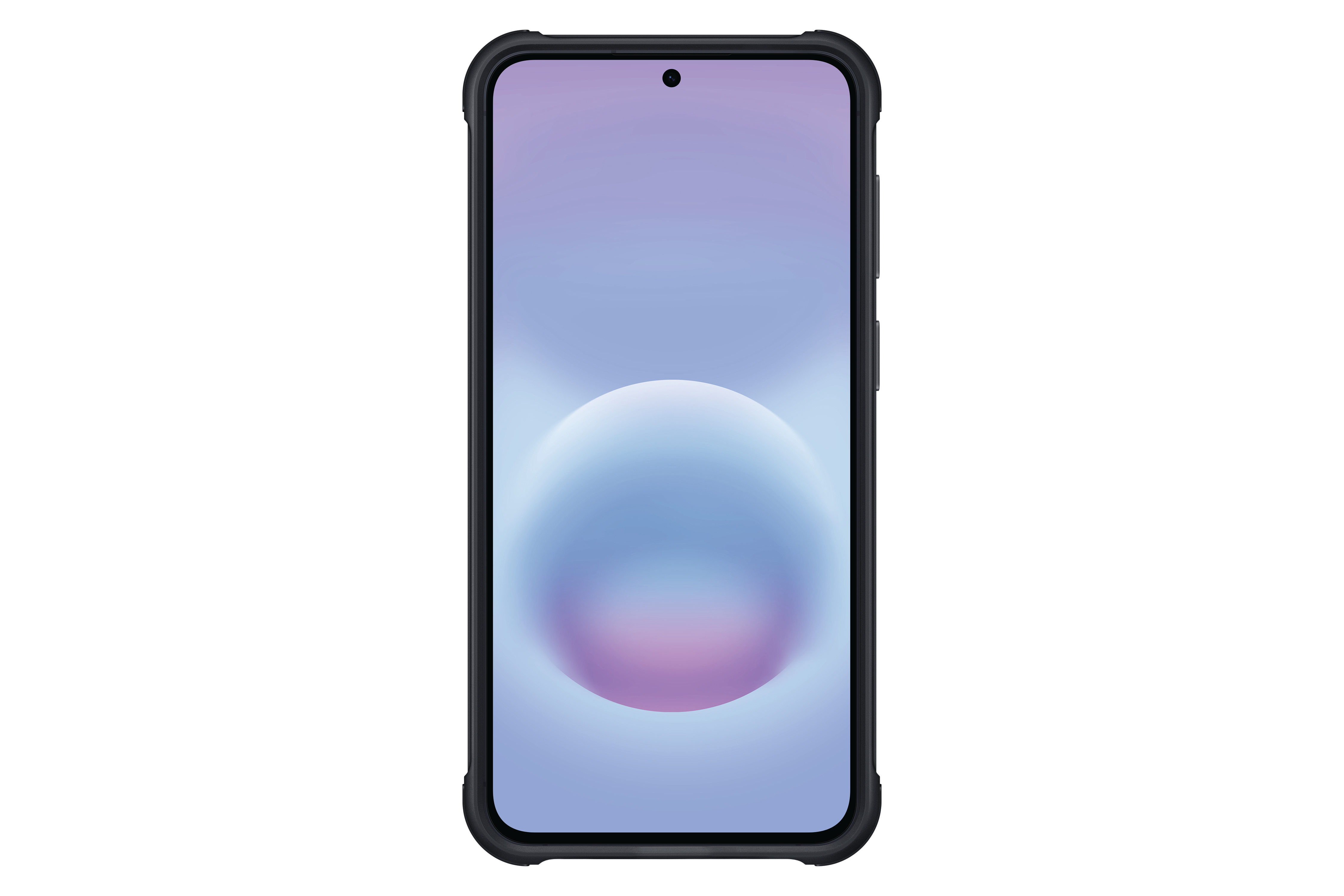 Ein schwarzes Smartphone mit einem simulierten Hintergrundbild in Blau und Lila.