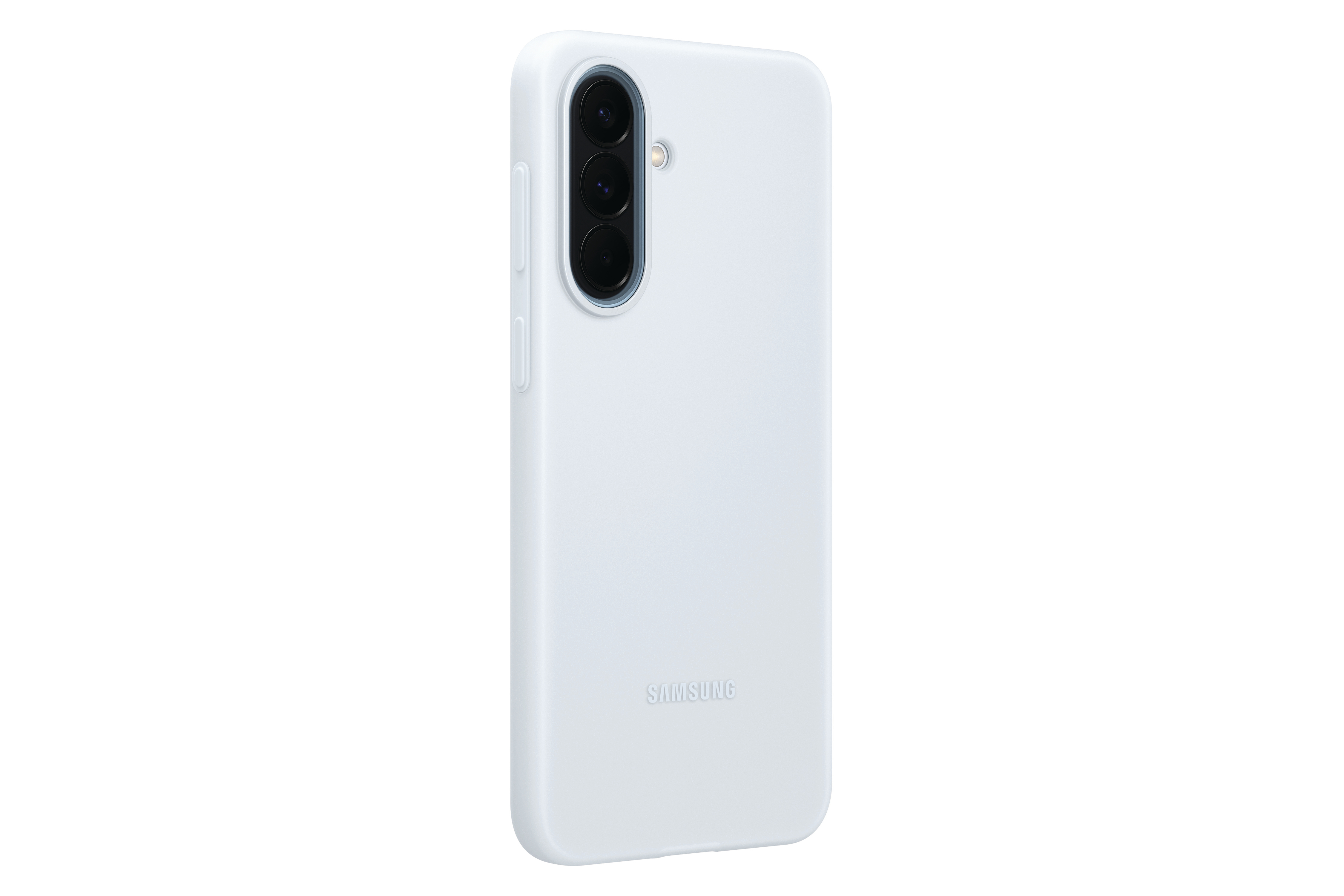 Ein weißes Samsung Handy mit drei Kameras und Blitz auf der Rückseite.
