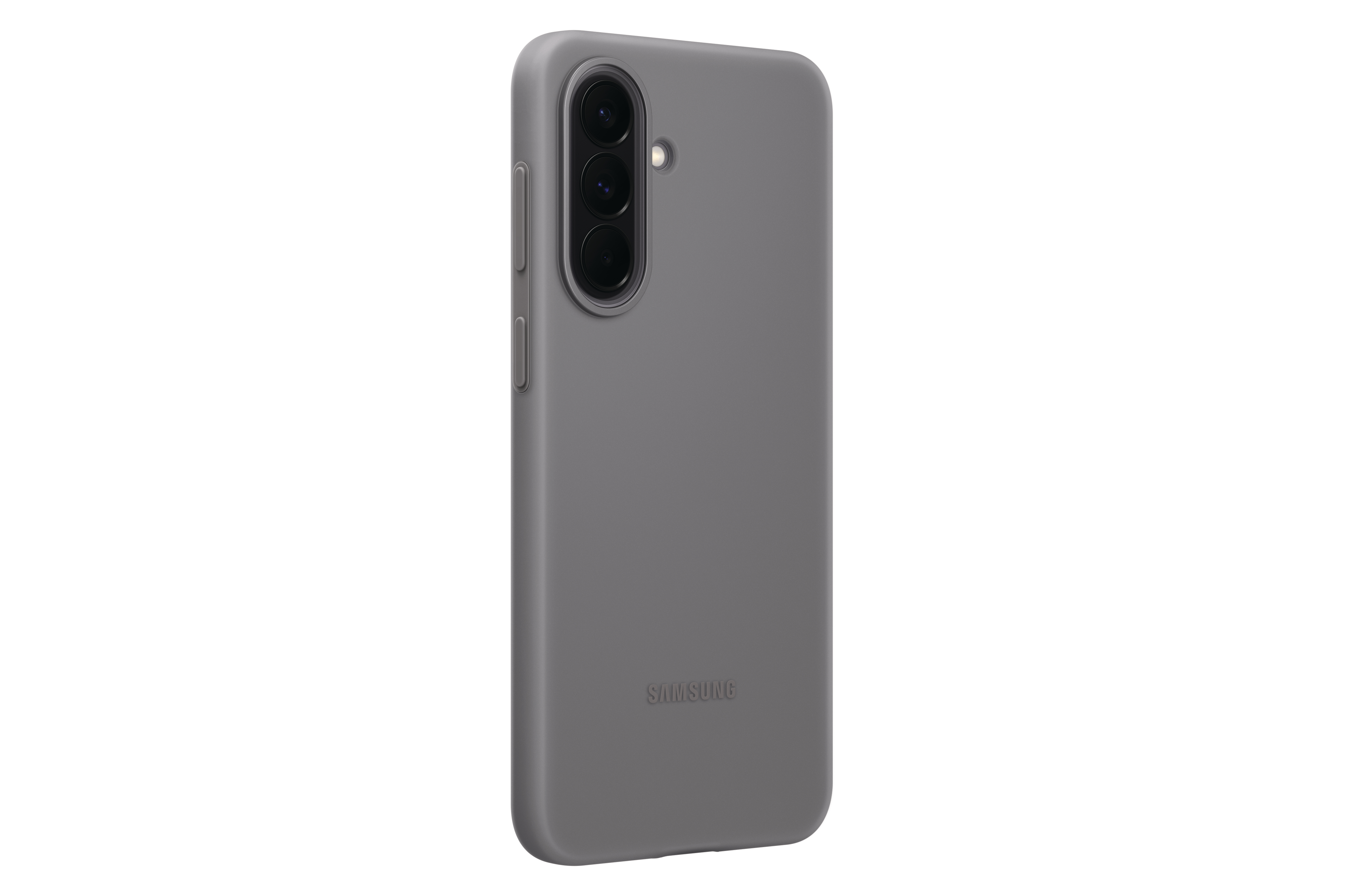 Graue Hülle für ein Smartphone mit drei Kameralinsen auf der Rückseite.