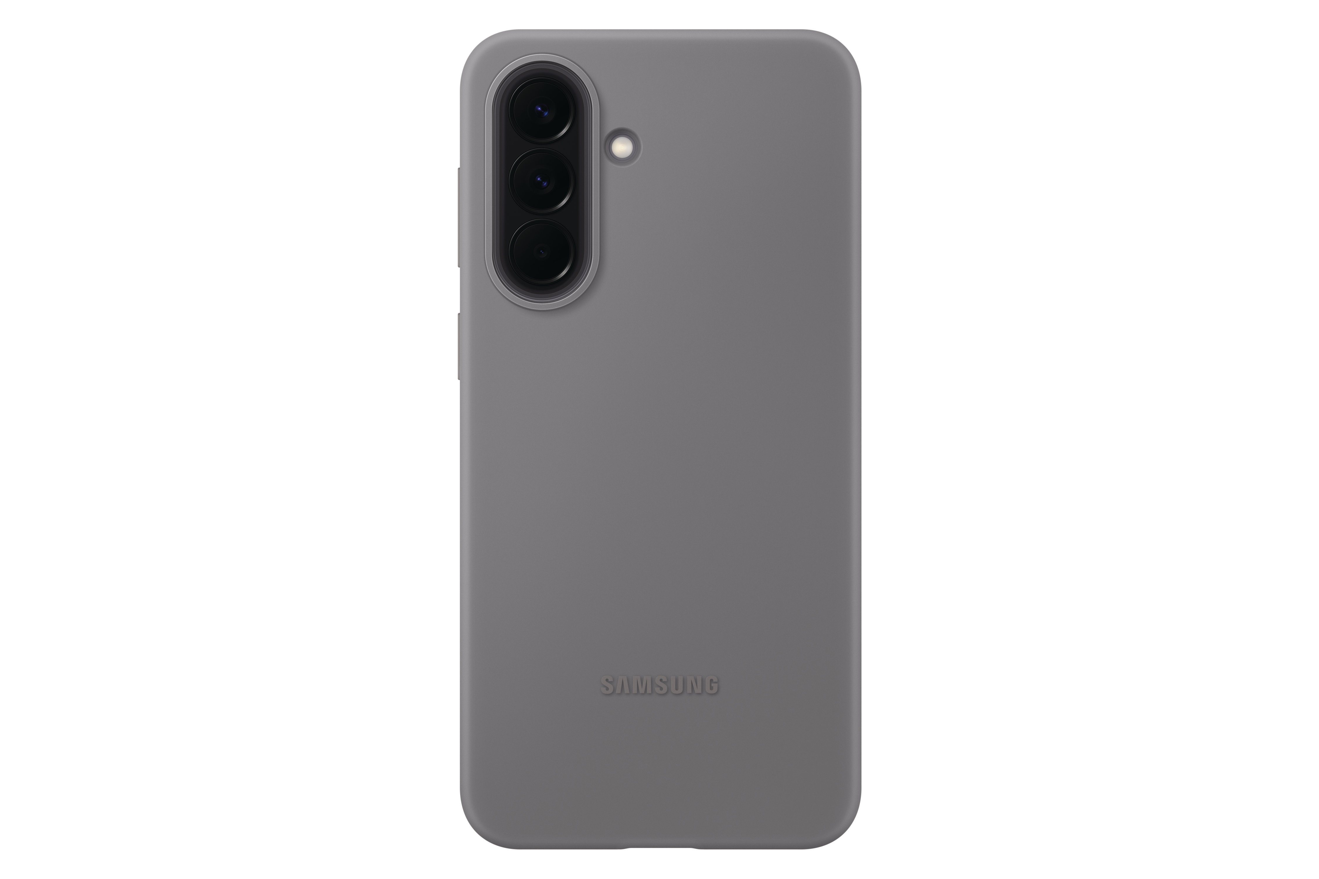 Graue Handyhülle mit drei Kameralinsen und Blitz. Samsung-Logo.