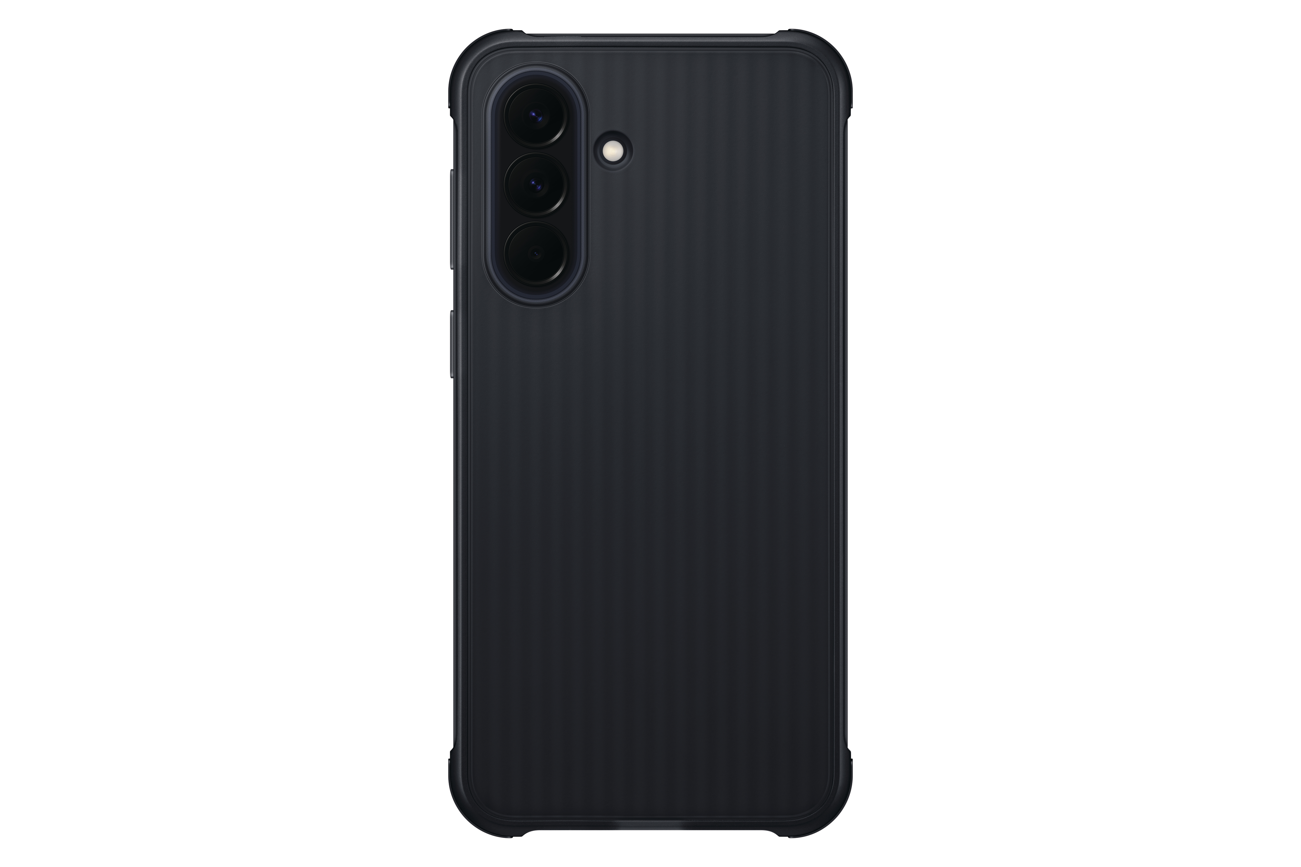 Dunkelgraues Smartphone mit drei Kameras und gerillter Rückseite.