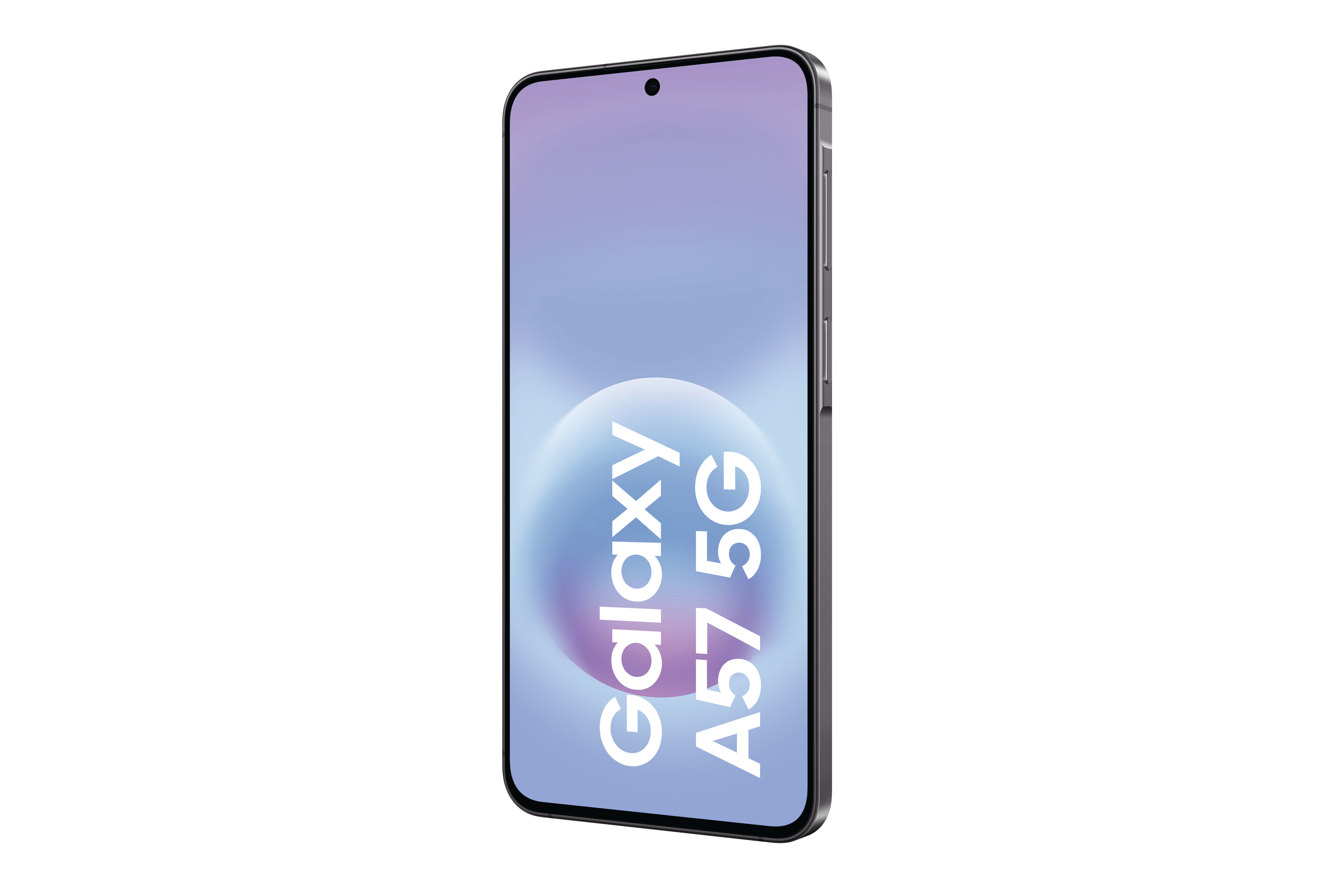 Ein schwarzes Smartphone mit dem Schriftzug Galaxy A57 5G auf dem Bildschirm.