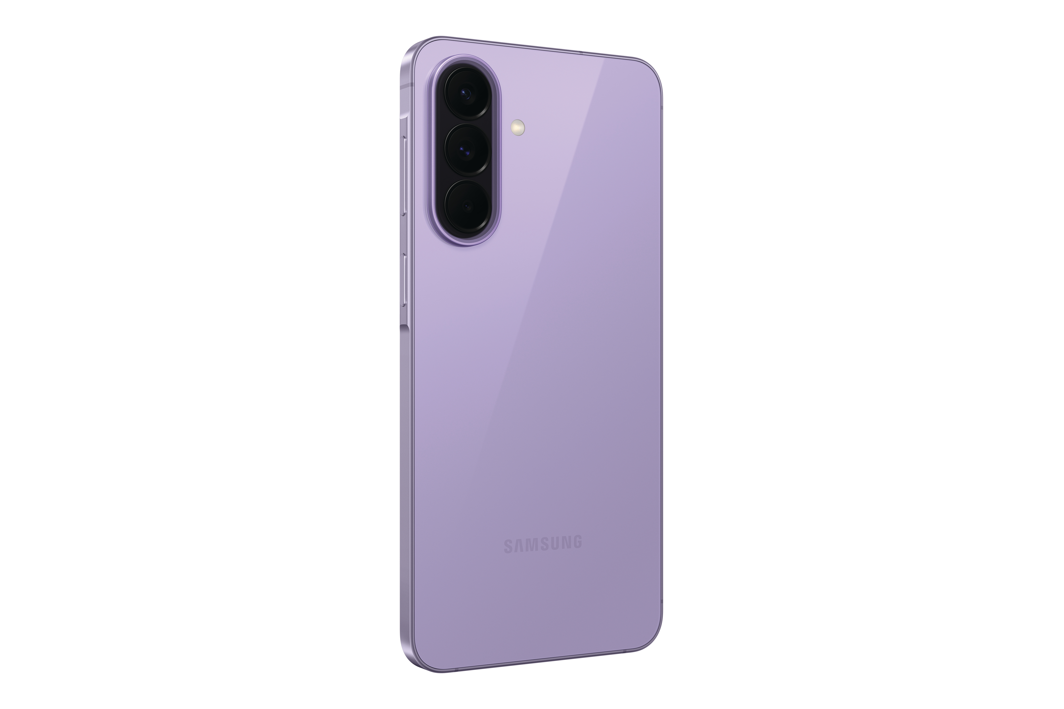 Lila Samsung Smartphone mit drei Kameras und Blitz auf weißem Hintergrund.