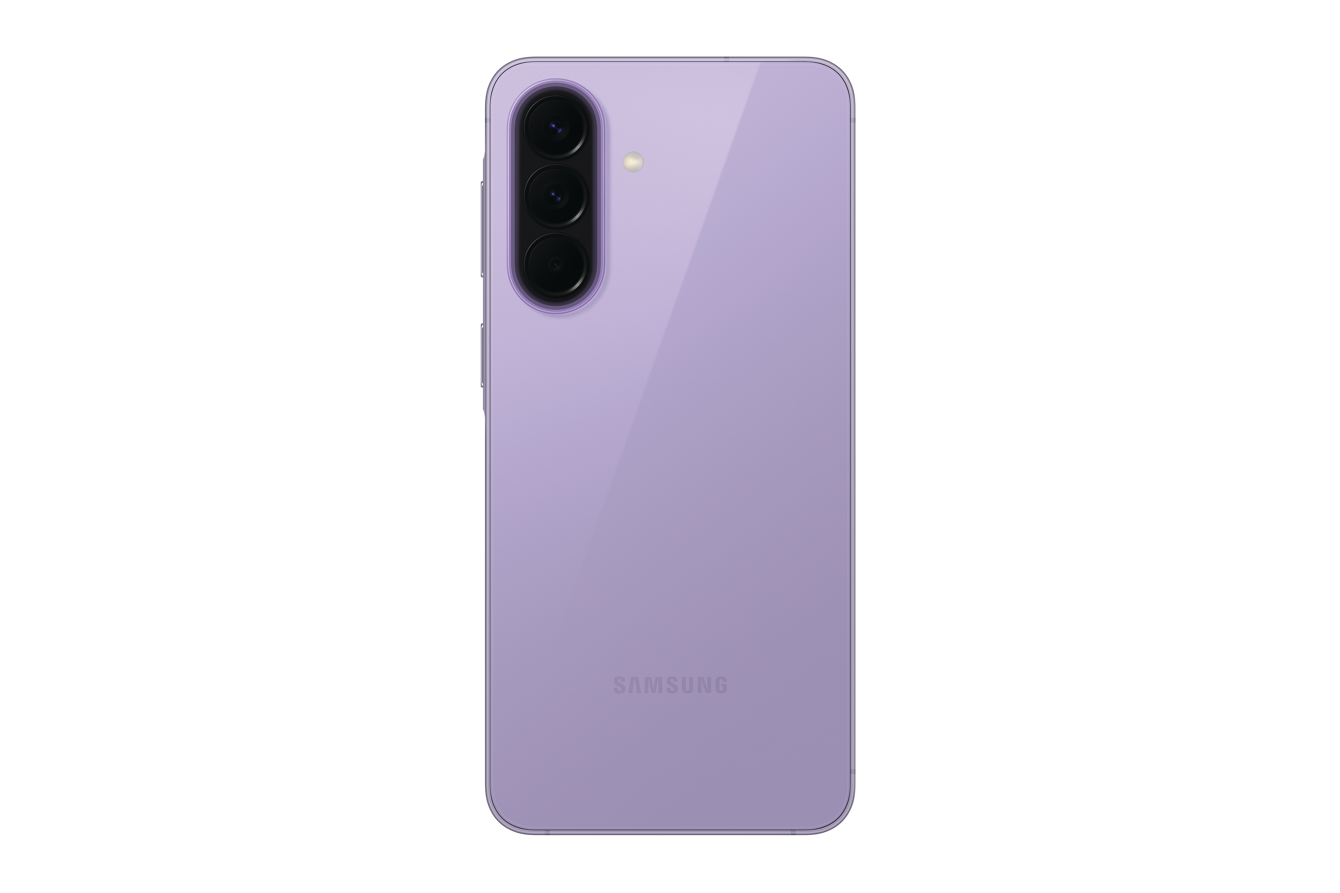 Rückseite eines lila Samsung Smartphones mit drei Kameras und Blitz.