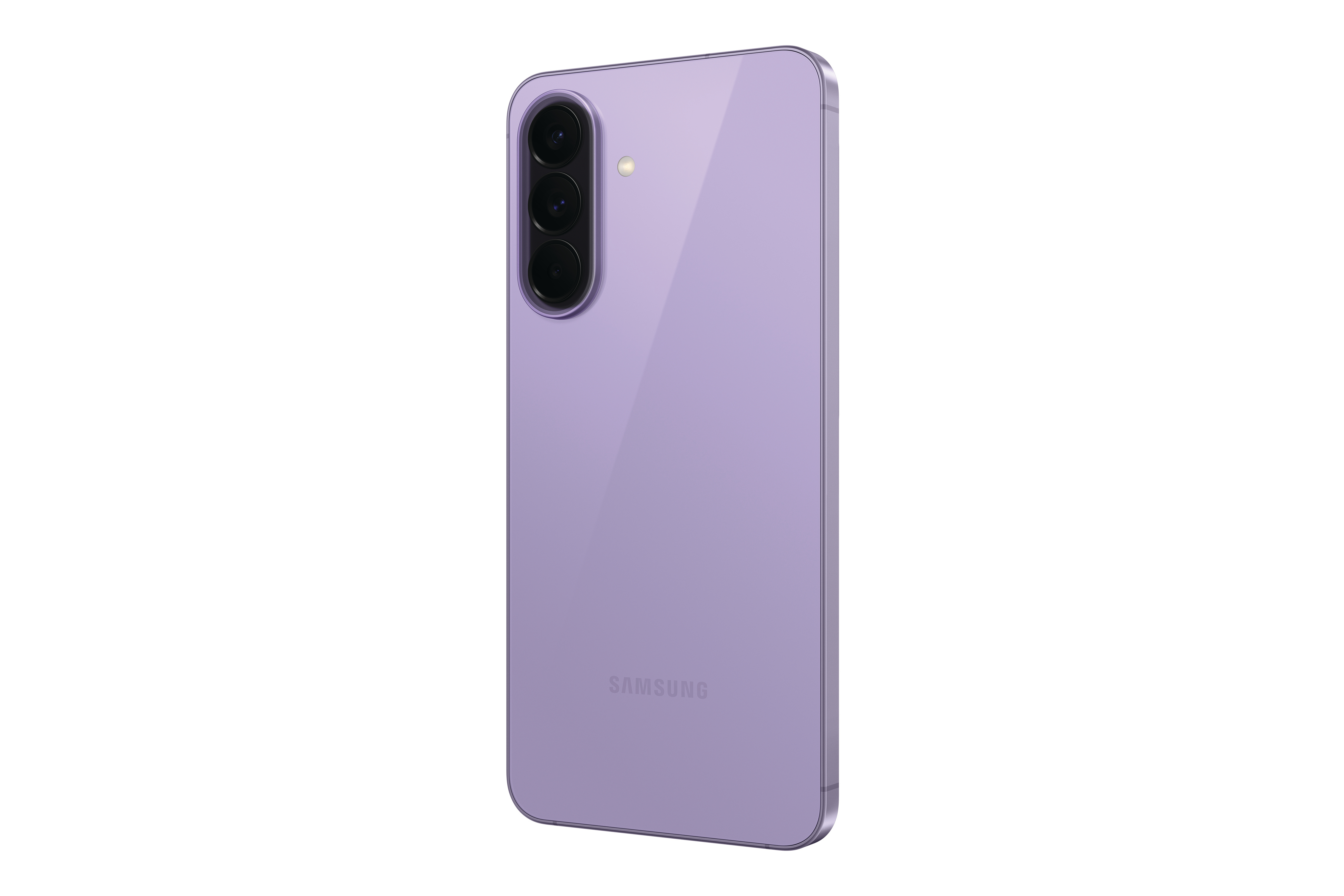 Lila Smartphone mit drei Kameras auf der Rückseite und Samsung-Logo.