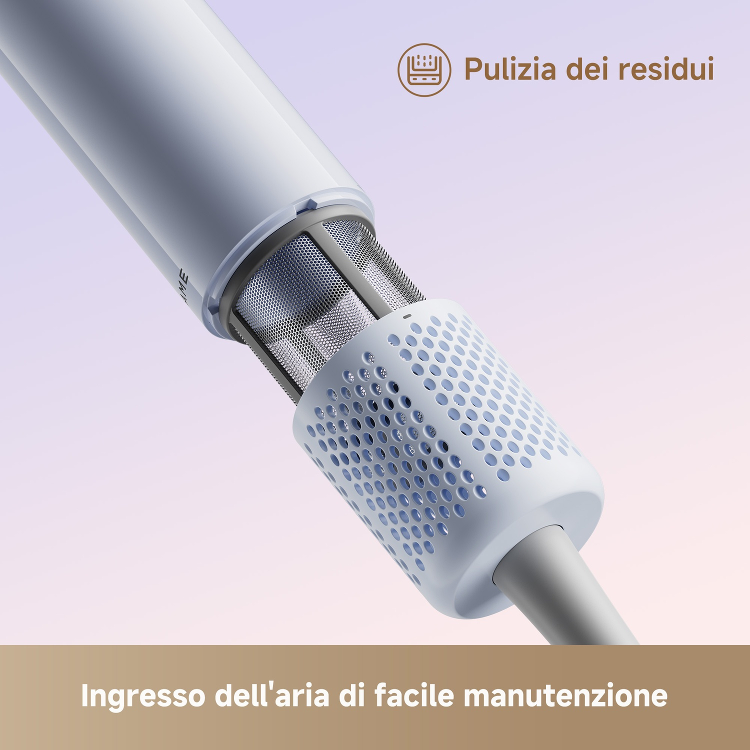 Primo piano di un dispositivo bianco con un accessorio bianco traforato e una griglia metallica.